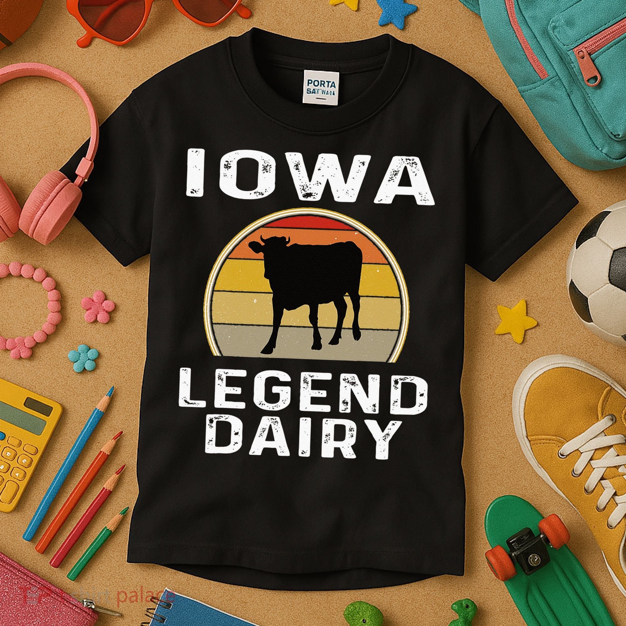 Iowa Dairy Farmer Legend Dairy Cow Cattle Funny Retro Sunset Kids T-Shirt