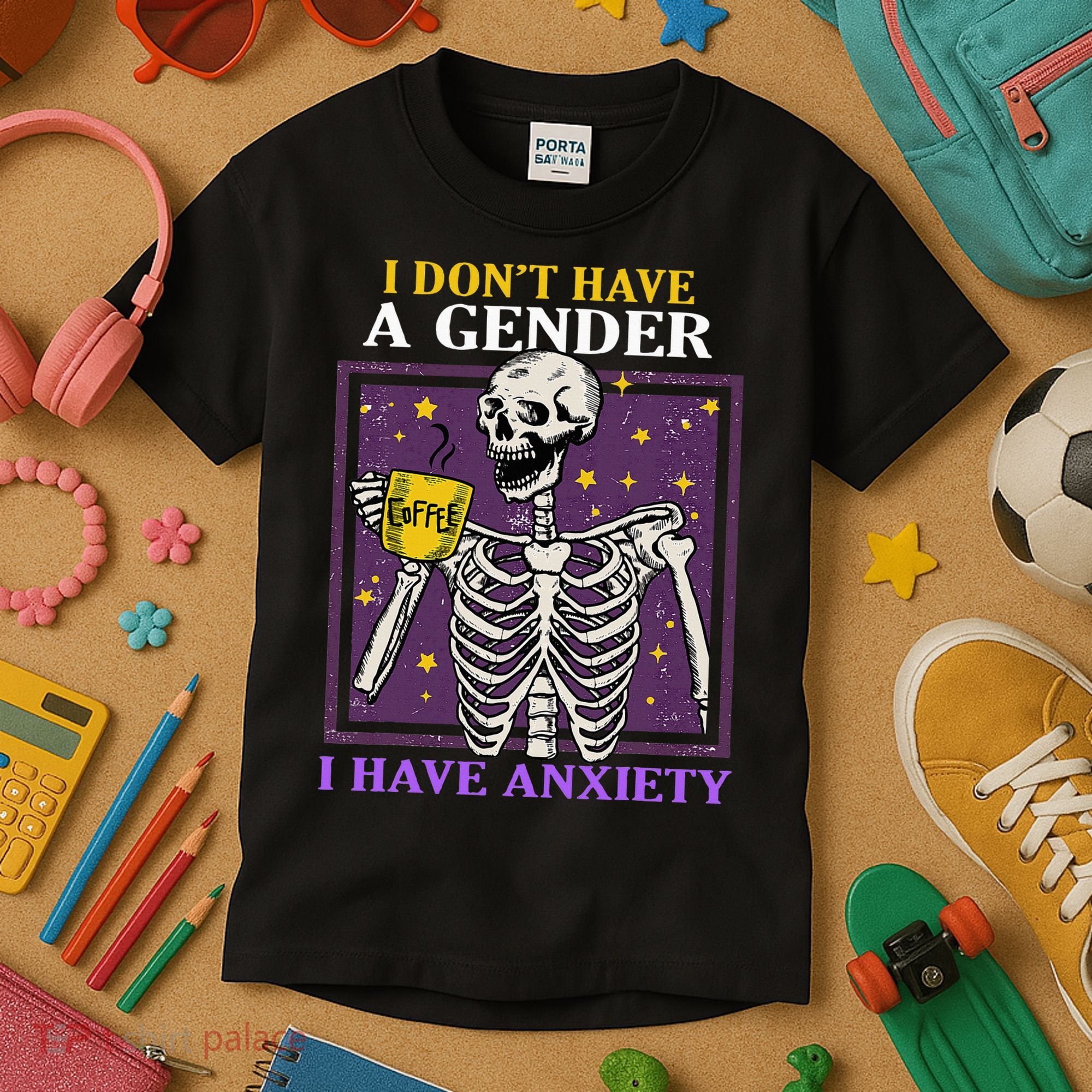 I DonT Have A Gender I Have Anxiety Non Binary Skeleton Kids T-Shirt