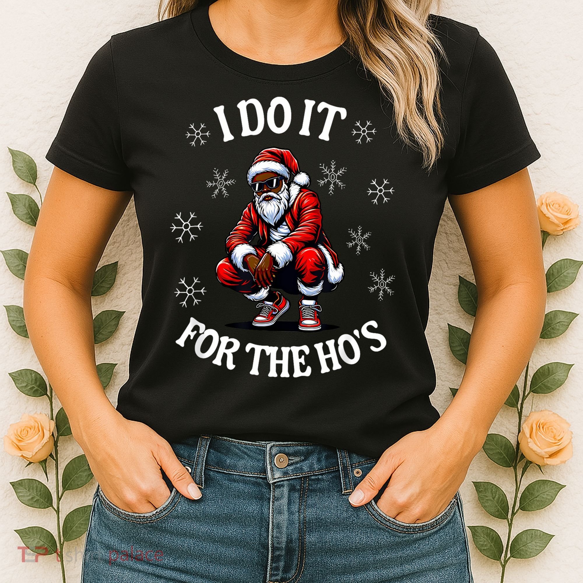 I Do It For The Hos African American Christmas Afro Santa Women's T-Shirt