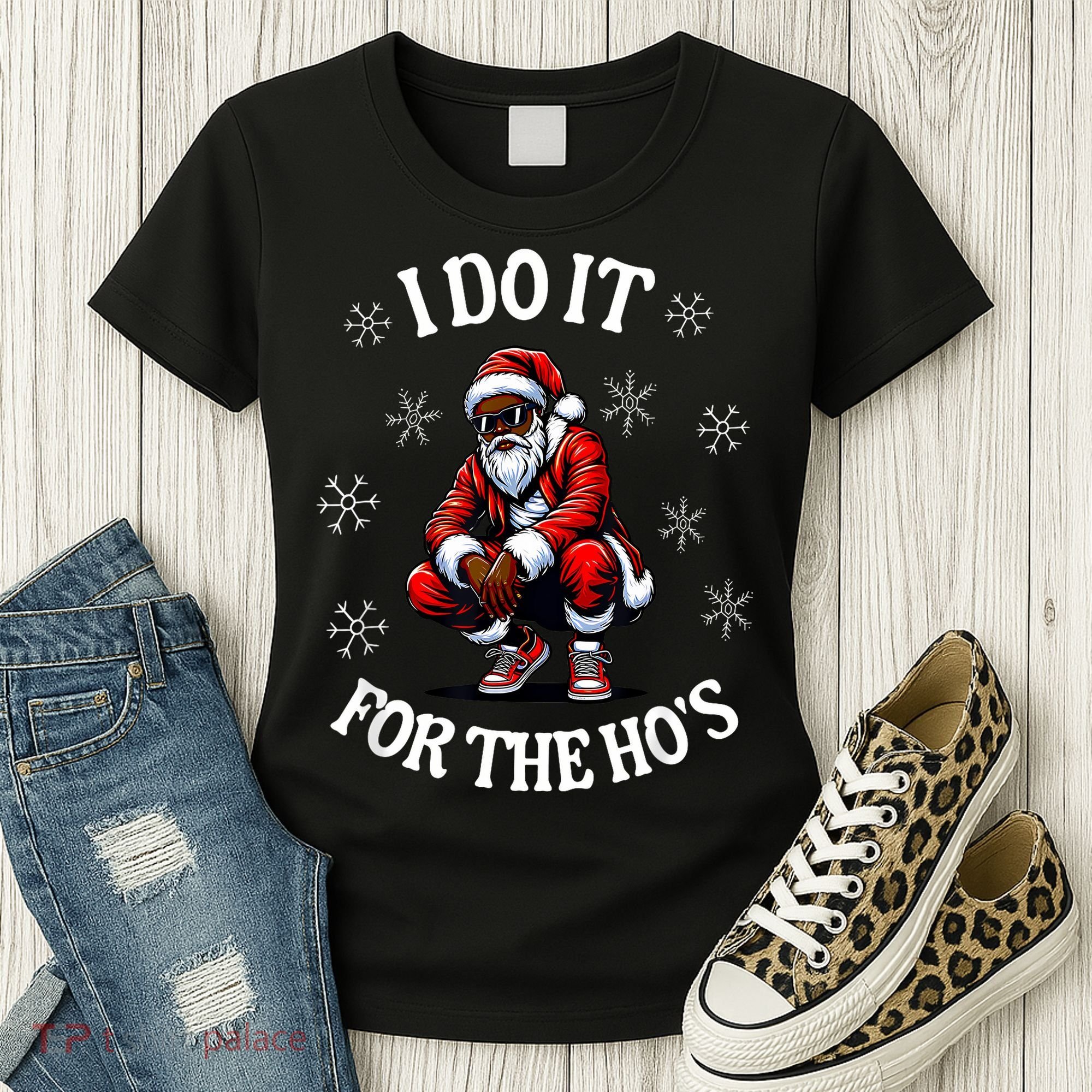 I Do It For The Hos African American Christmas Afro Santa Women's T-Shirt
