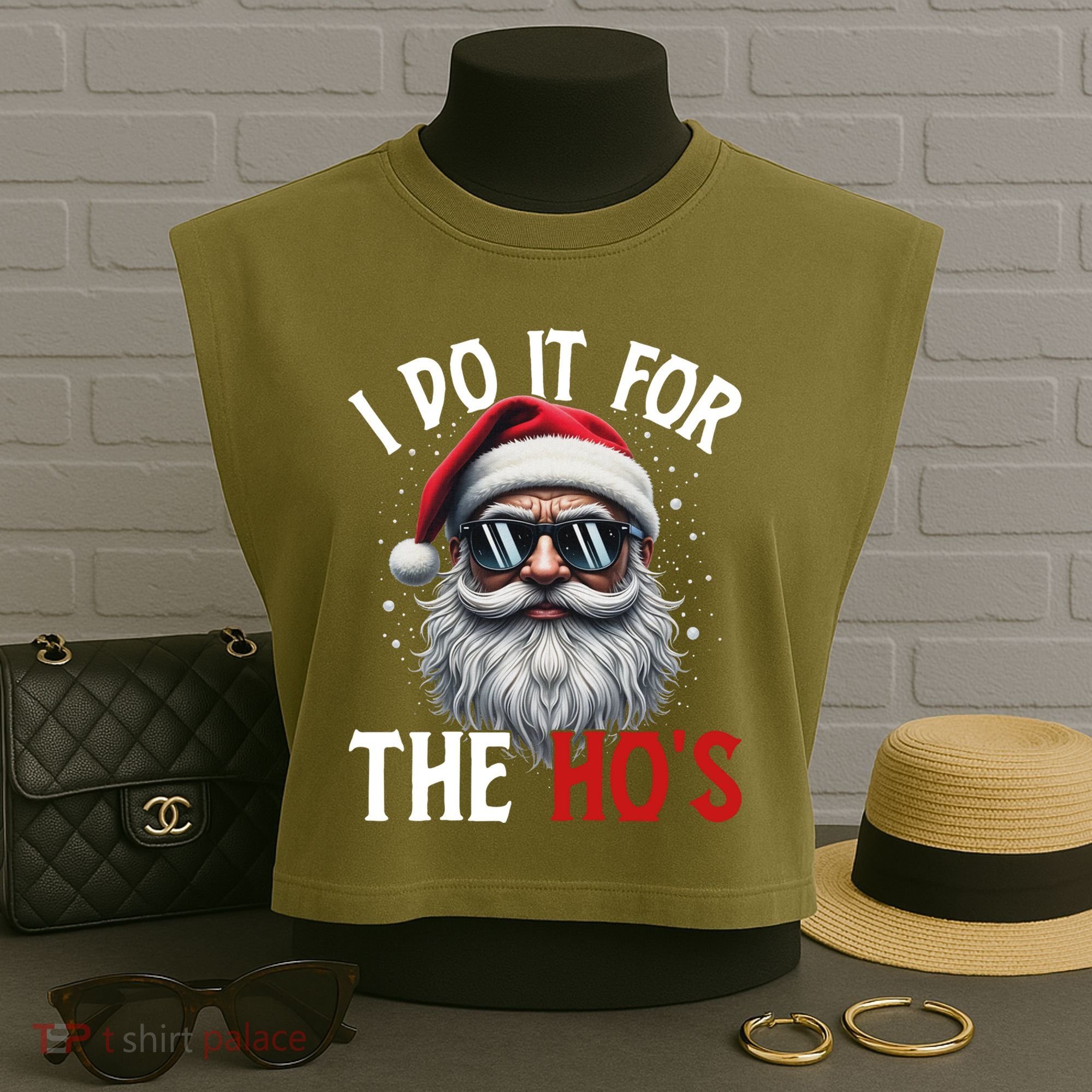 I Do It For The Hos Funny Christmas Santa Claus Garment-Dyed Women's Muscle Tee