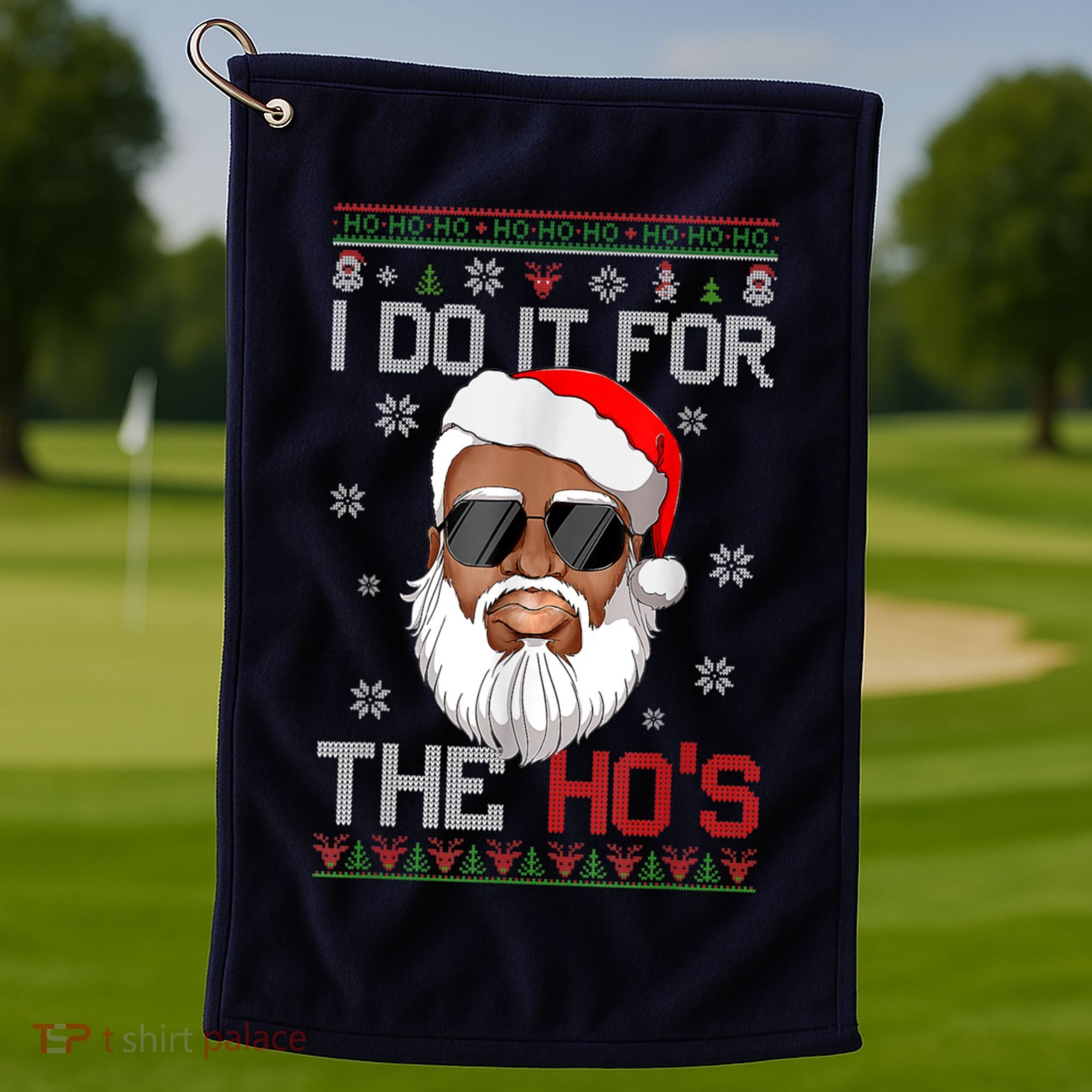 I Do It For The Hos Christmas African American Santa Black Golf Towel