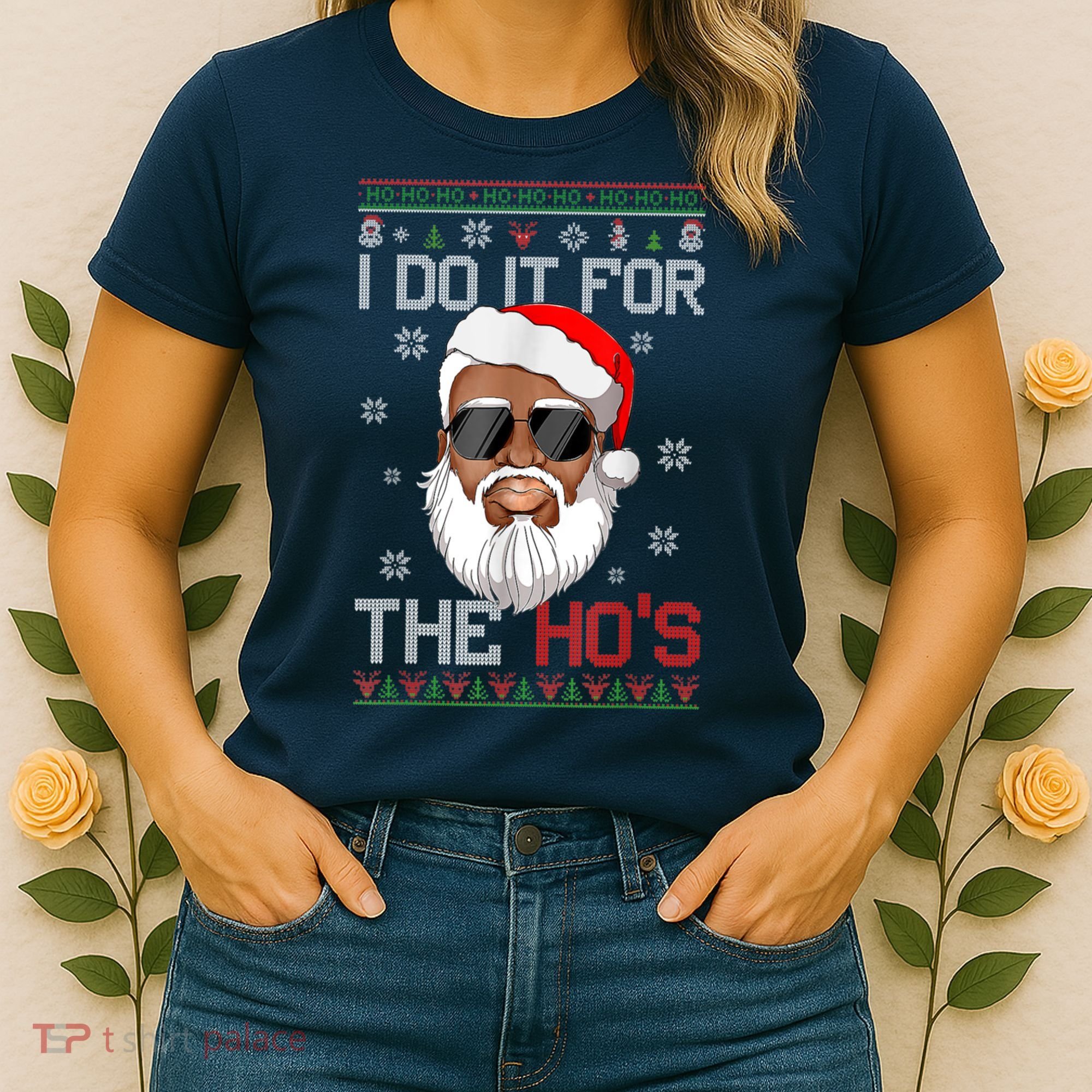 I Do It For The Hos Christmas African American Santa Black Women's T-Shirt