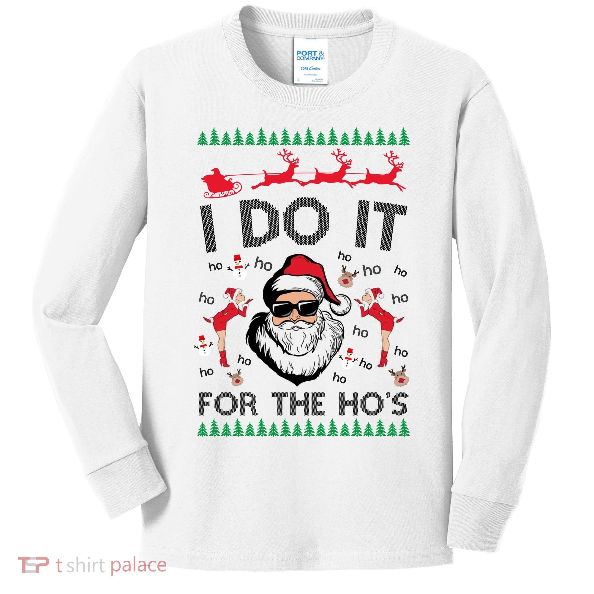 I Do It For The Hos Funny Santa Ugly Christmas Kids Long Sleeve Shirt