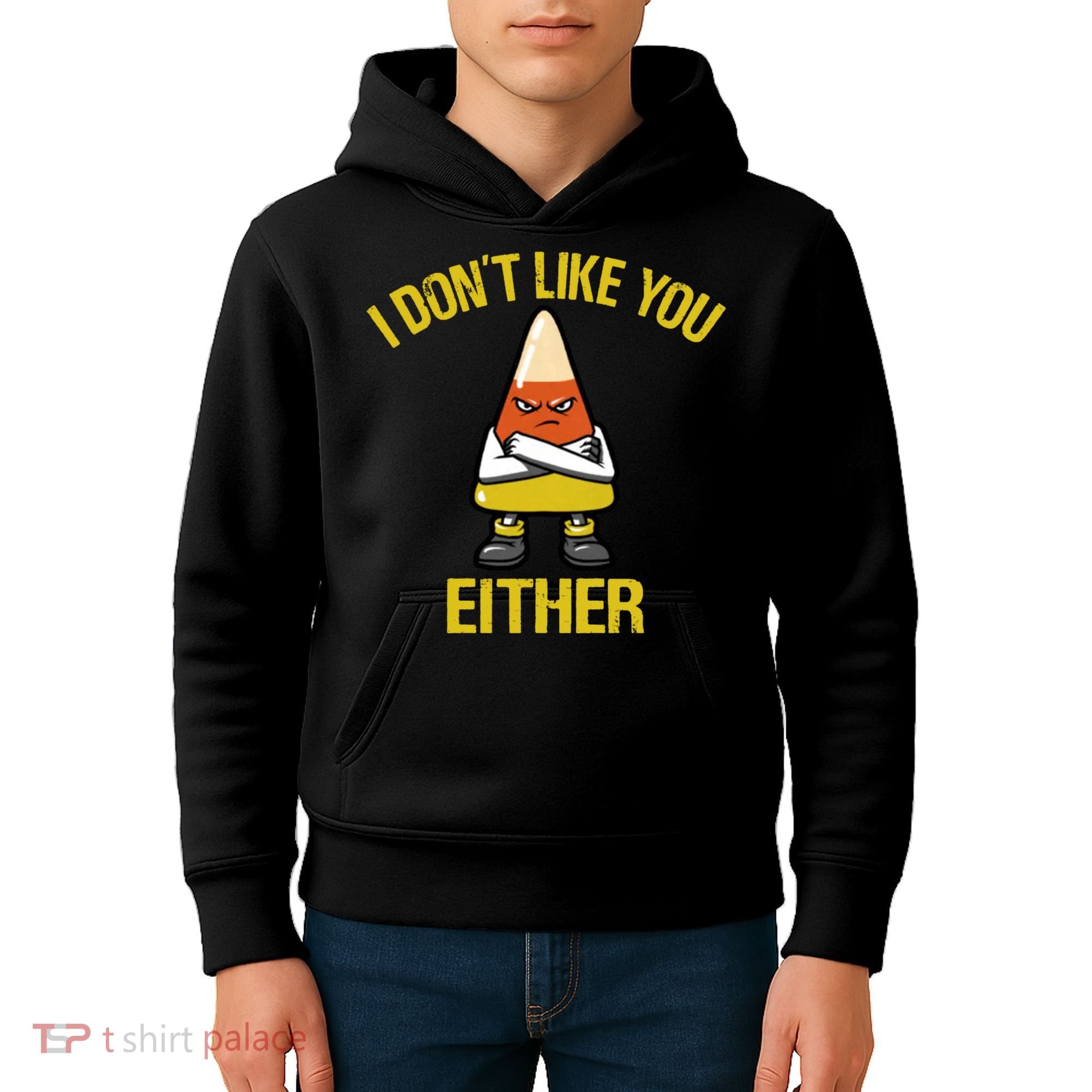 I Dont Like You Either Funny Halloween Candy Corn Kids Hoodie