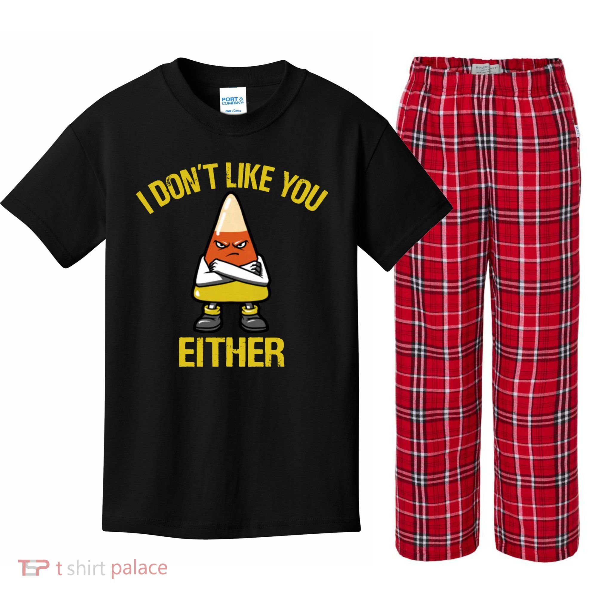 I Dont Like You Either Funny Halloween Candy Corn Kids Plaid Pajama Set