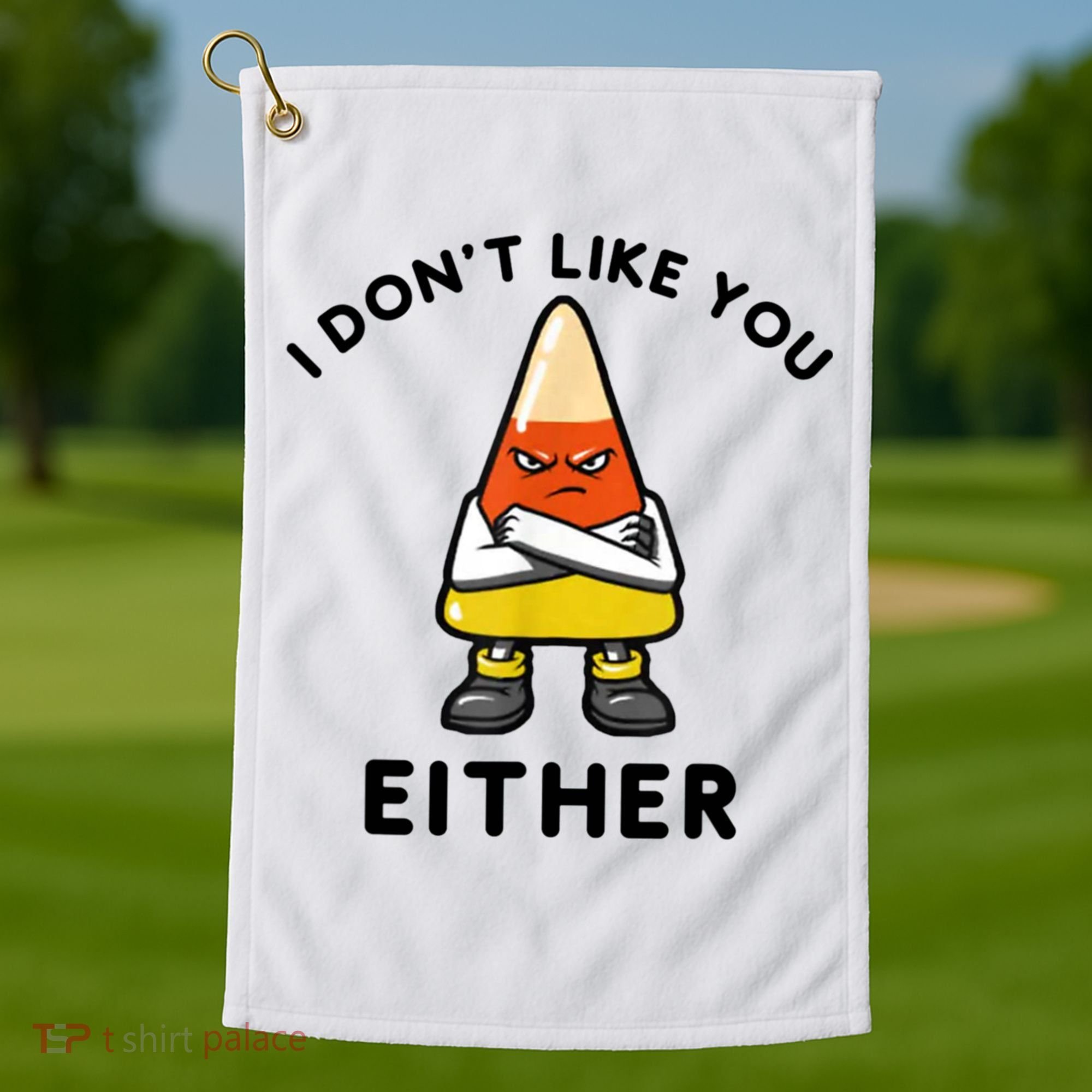 I Don't Like You Either Funny Halloween Candy Corn Golf Towel