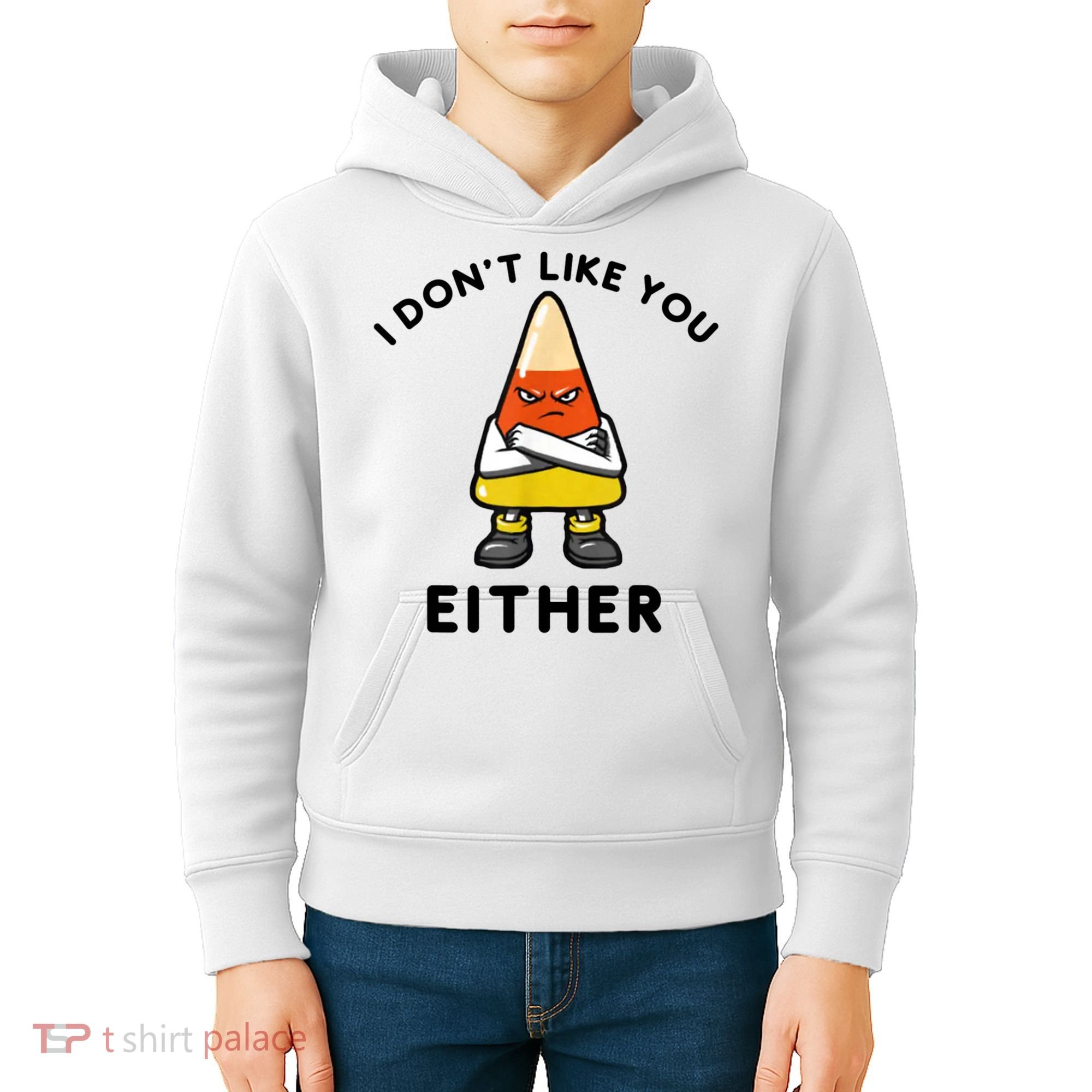 I Don't Like You Either Funny Halloween Candy Corn Kids Hoodie