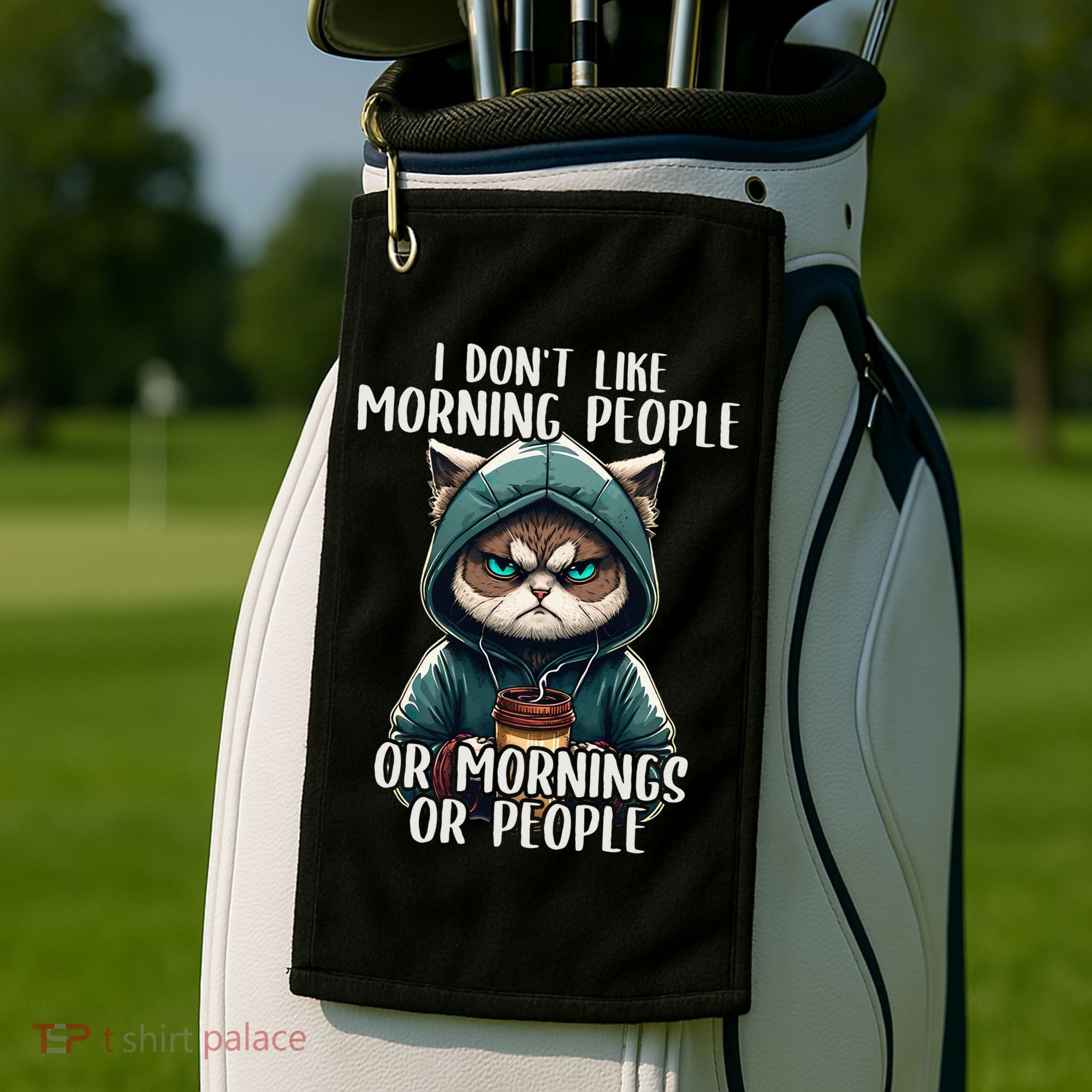 I Dont Like Morning People Coffee & Sarcastic Cat Grumpy Golf Towel