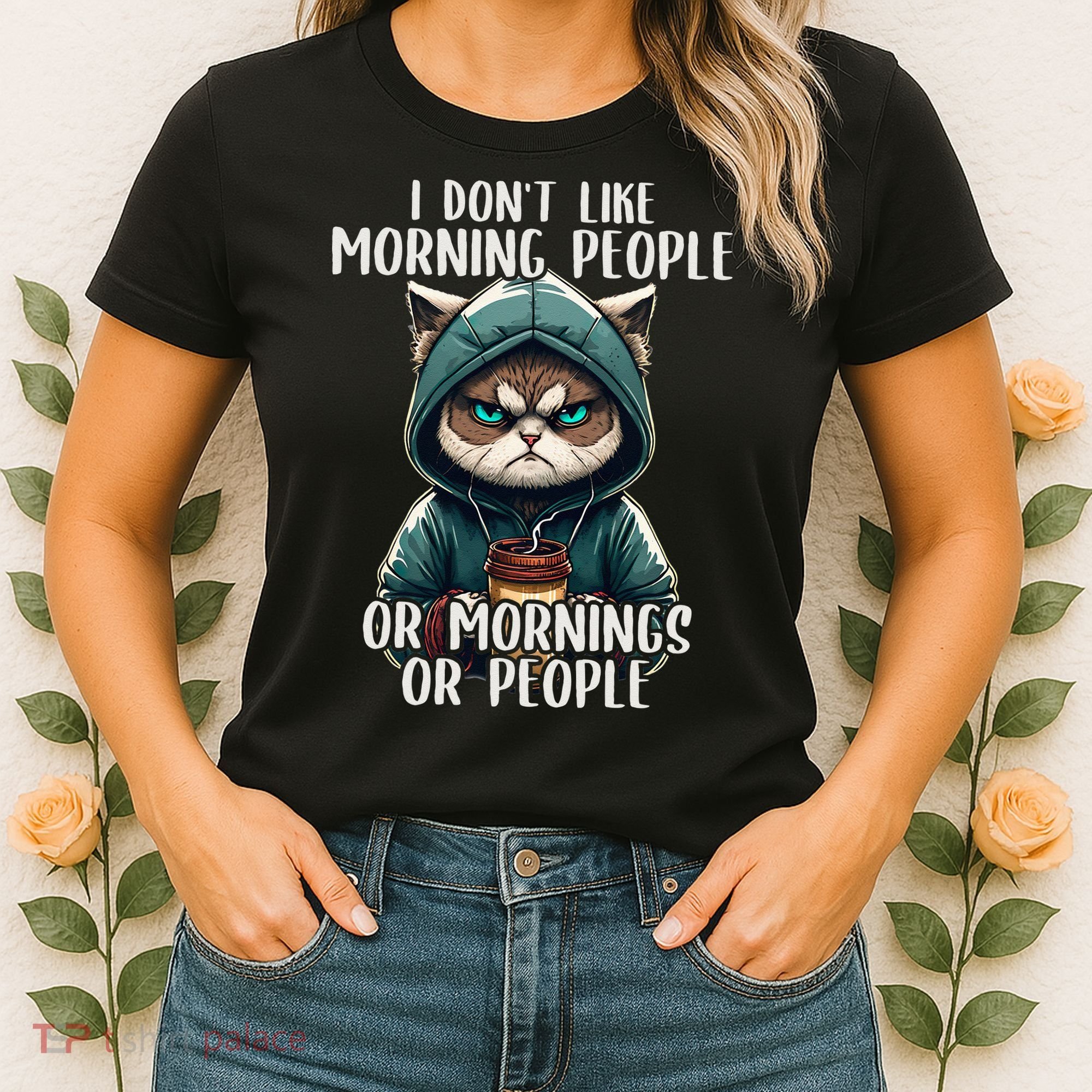 I Dont Like Morning People Coffee & Sarcastic Cat Grumpy Women's T-Shirt