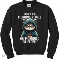I Dont Like Morning People Coffee & Sarcastic Cat Grumpy Kids Sweatshirt thumb 0