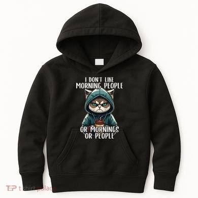I Dont Like Morning People Coffee & Sarcastic Cat Grumpy Kids Hoodie