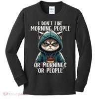 I Dont Like Morning People Coffee & Sarcastic Cat Grumpy Kids Long Sleeve Shirt thumb 0