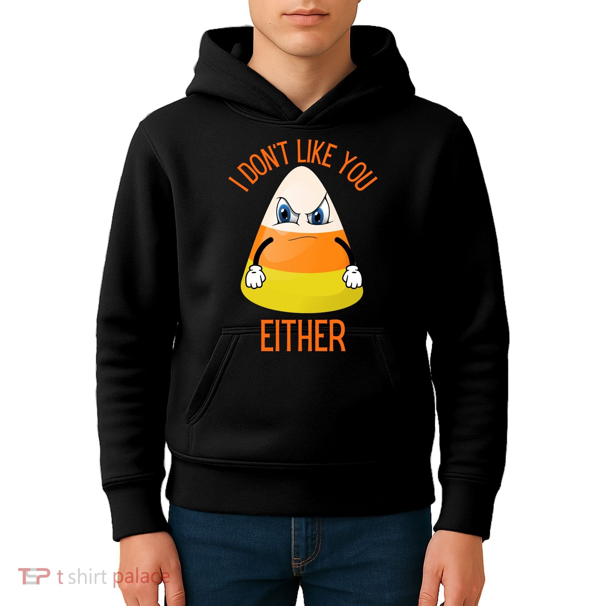 I Don't Like You Either Funny Halloween Candy Corn Kids Hoodie