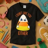 I Don't Like You Either Funny Halloween Candy Corn Kids T-Shirt thumb 3