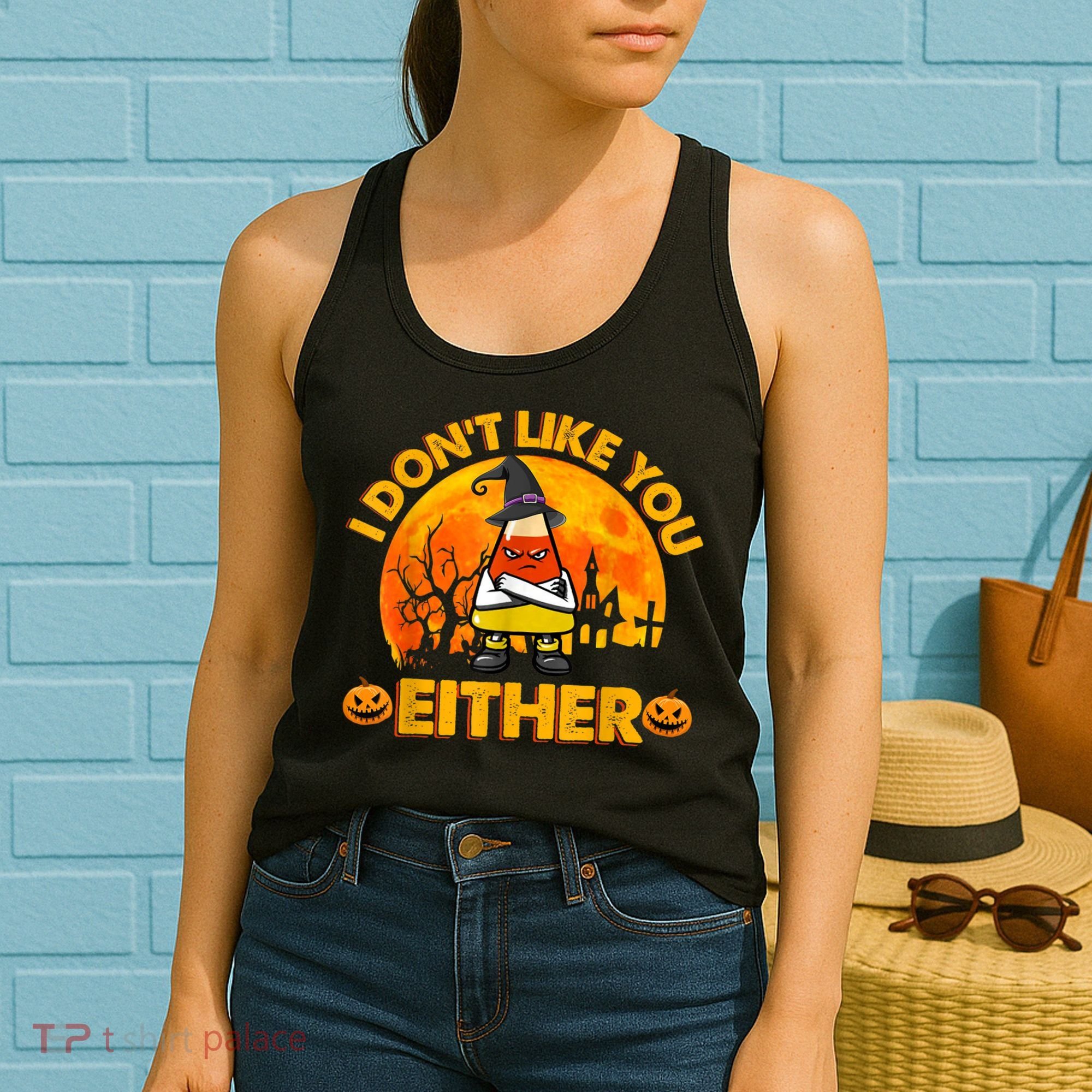 I Don't Like You Either Funny Halloween Candy Corn Women's Tank Top