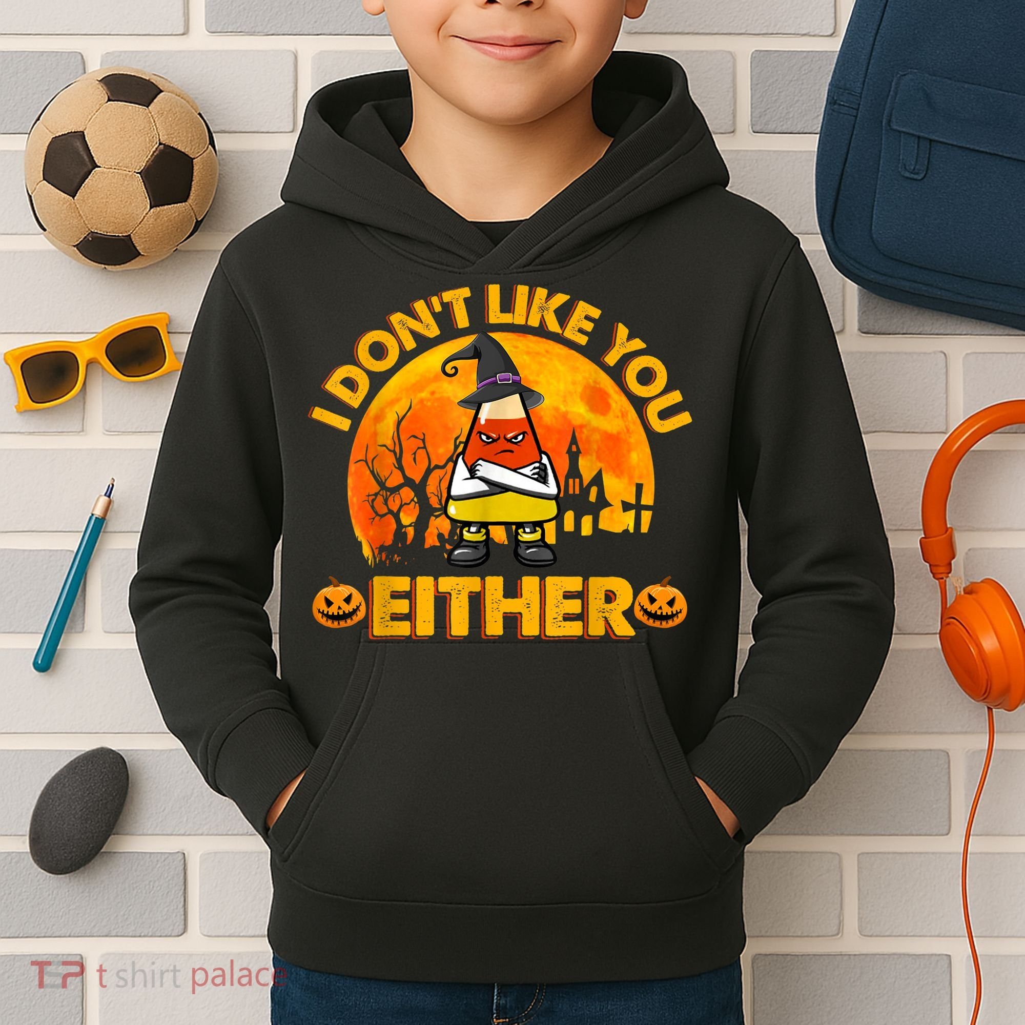 I Don't Like You Either Funny Halloween Candy Corn Kids Hoodie