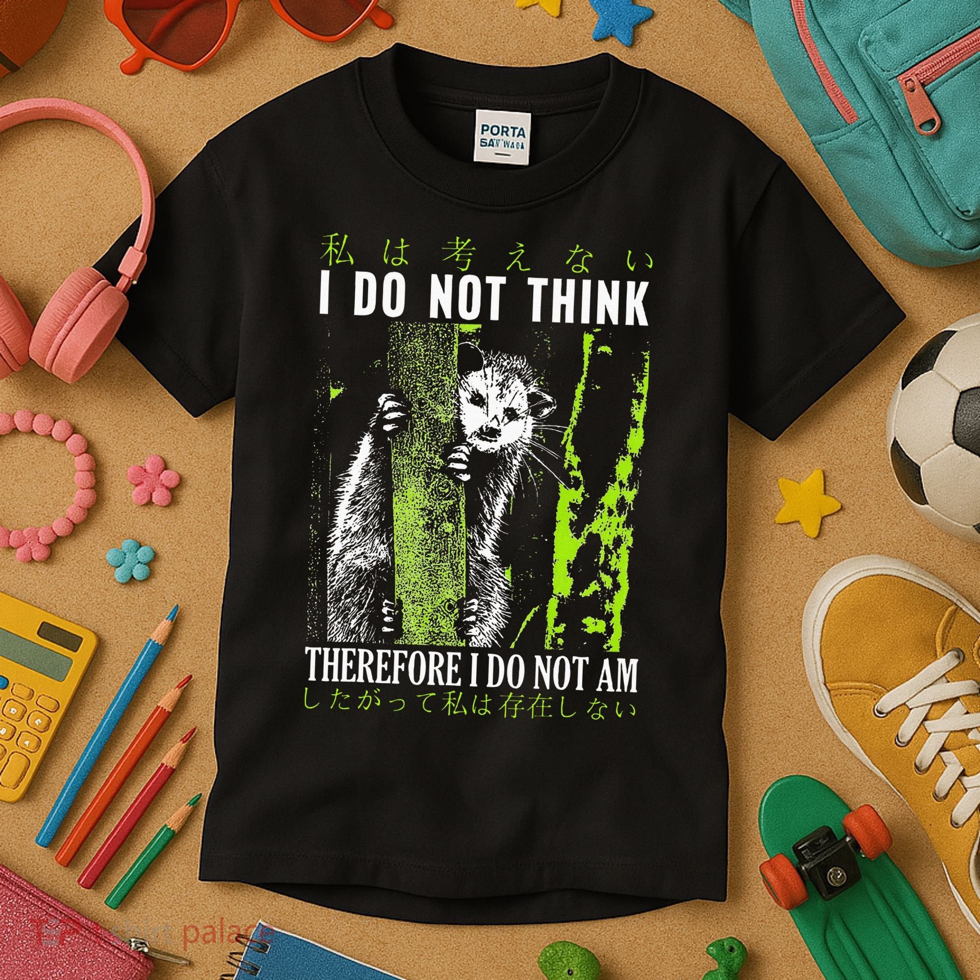 I Do Not Think Therefore I Do Not Am Possum Japanese Kids T-Shirt