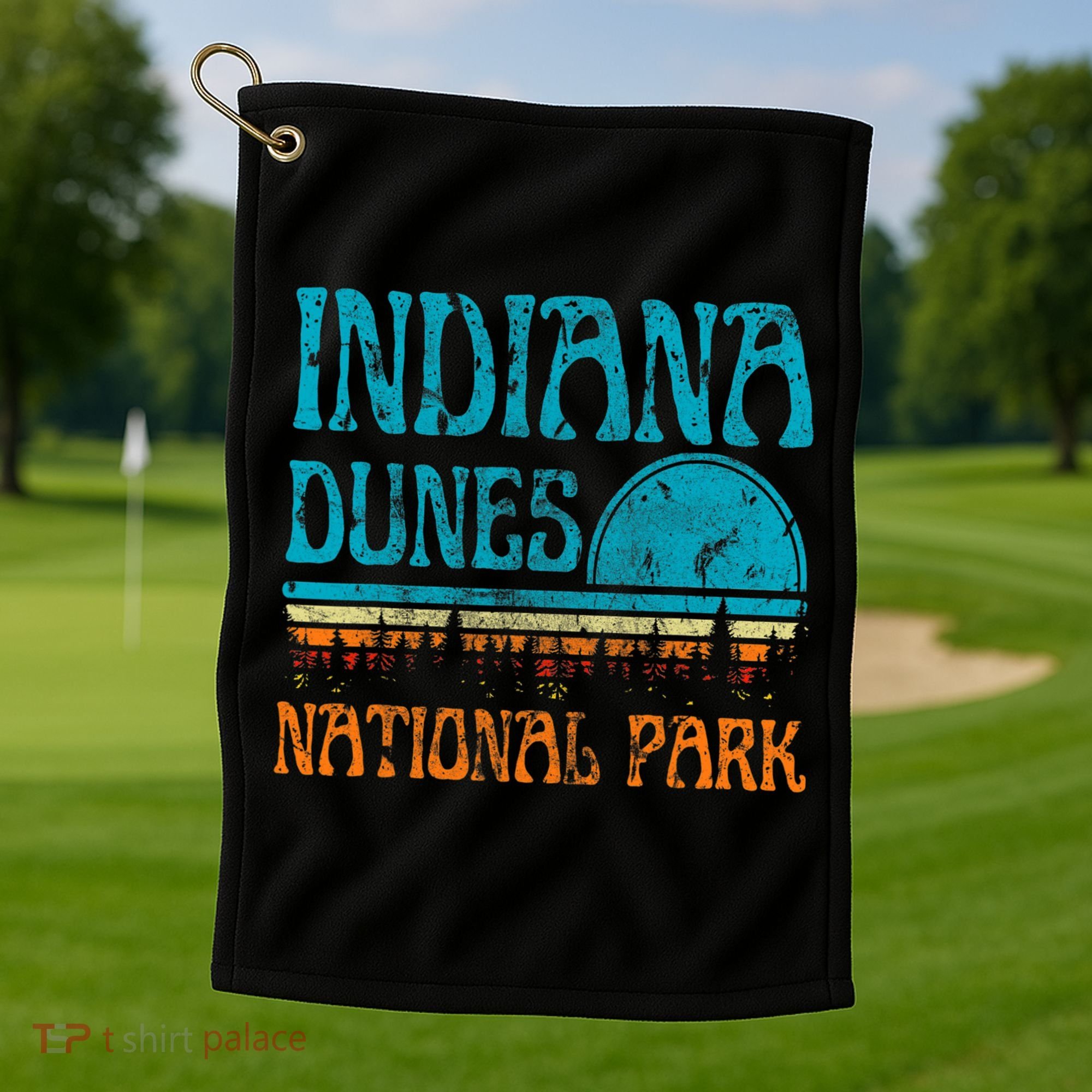 Indiana Dunes National Park Lake Michigan Retro Sunset Golf Towel