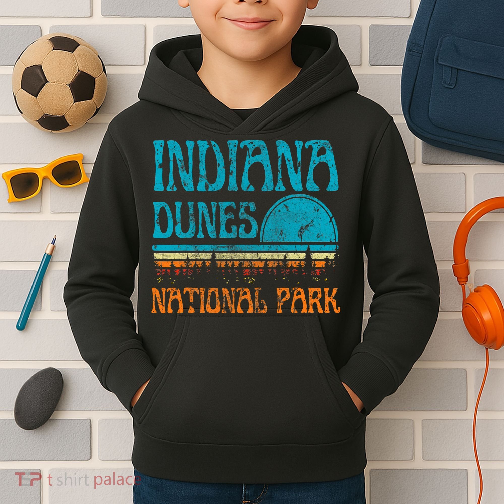 Indiana Dunes National Park Lake Michigan Retro Sunset Kids Hoodie