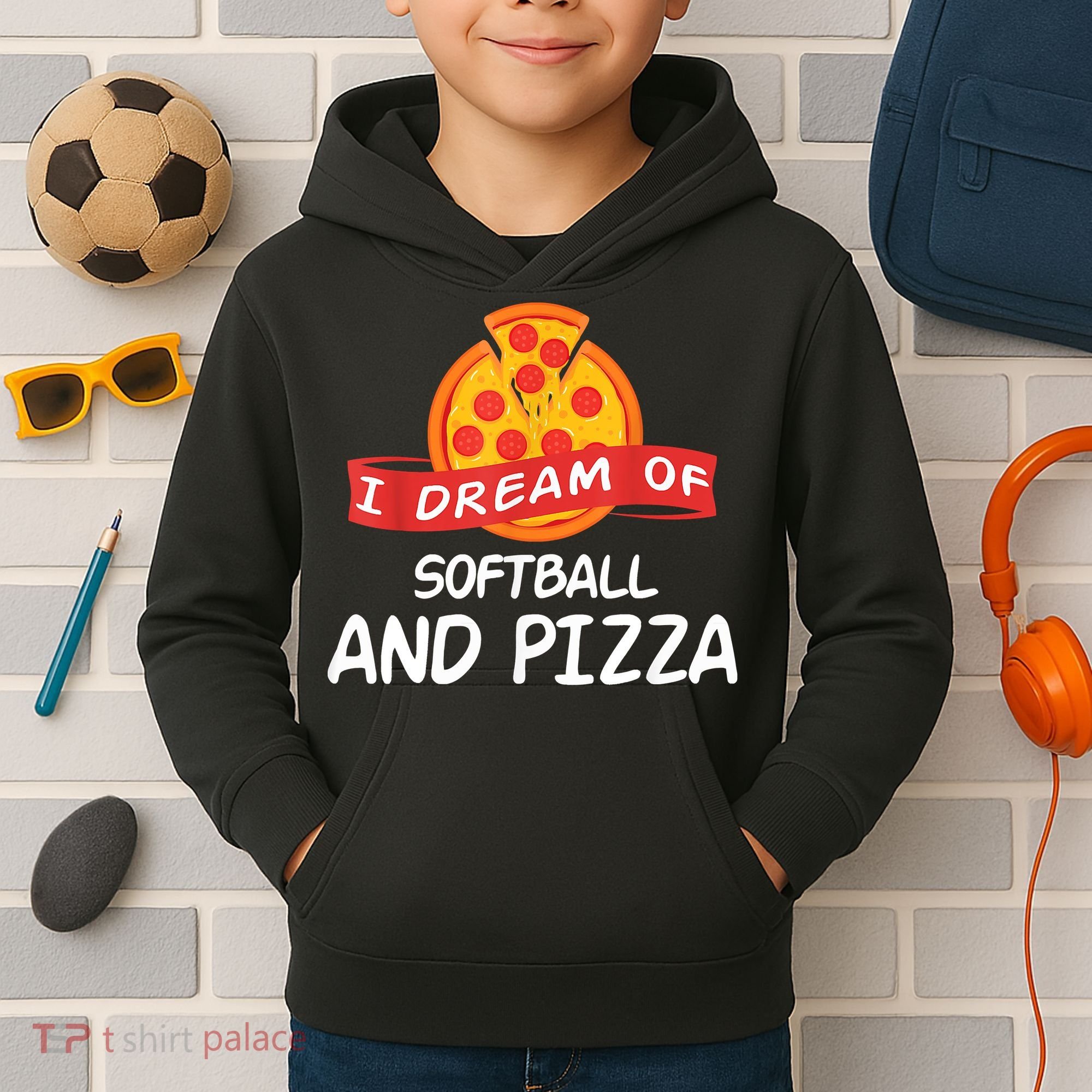 I Dream Of Softball And Pizza For Softball Players Kids Hoodie