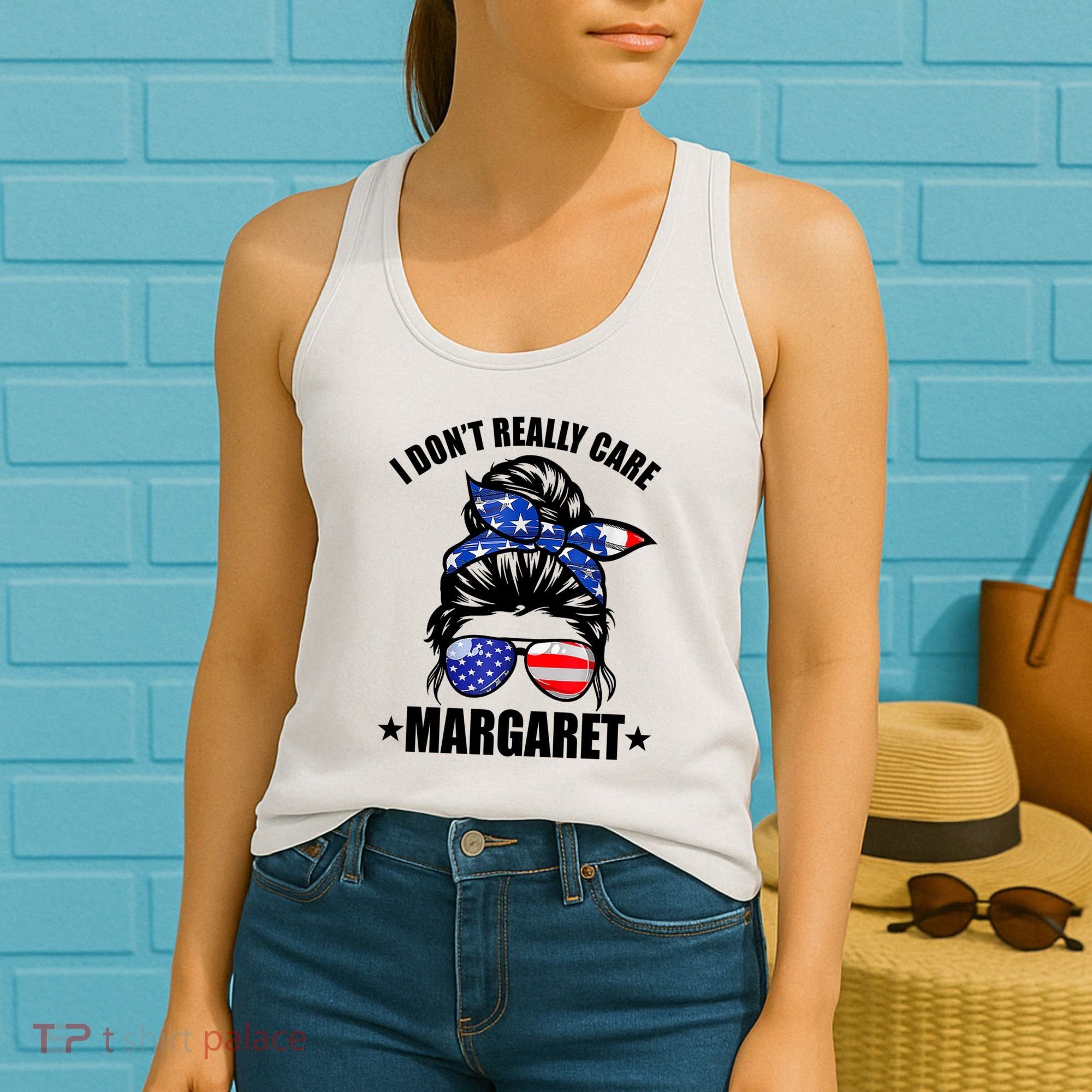 I Dont Really Care Margaret Minimalist Jd Vance Messy Bun White Women's Tank Top