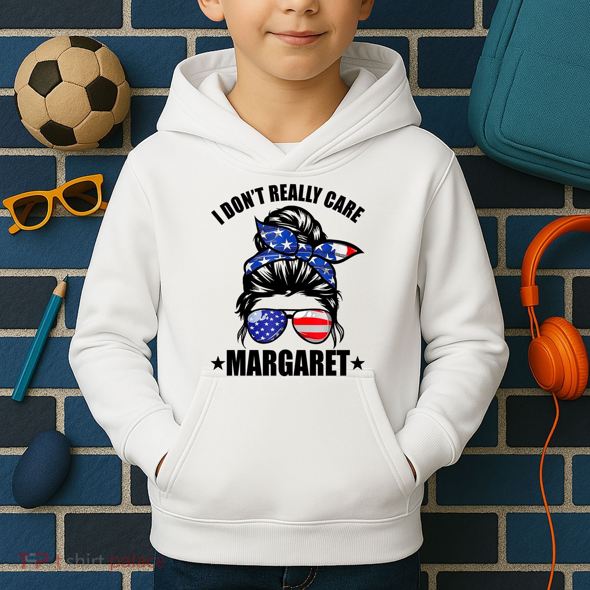I Dont Really Care Margaret Minimalist Jd Vance Messy Bun White Kids Hoodie
