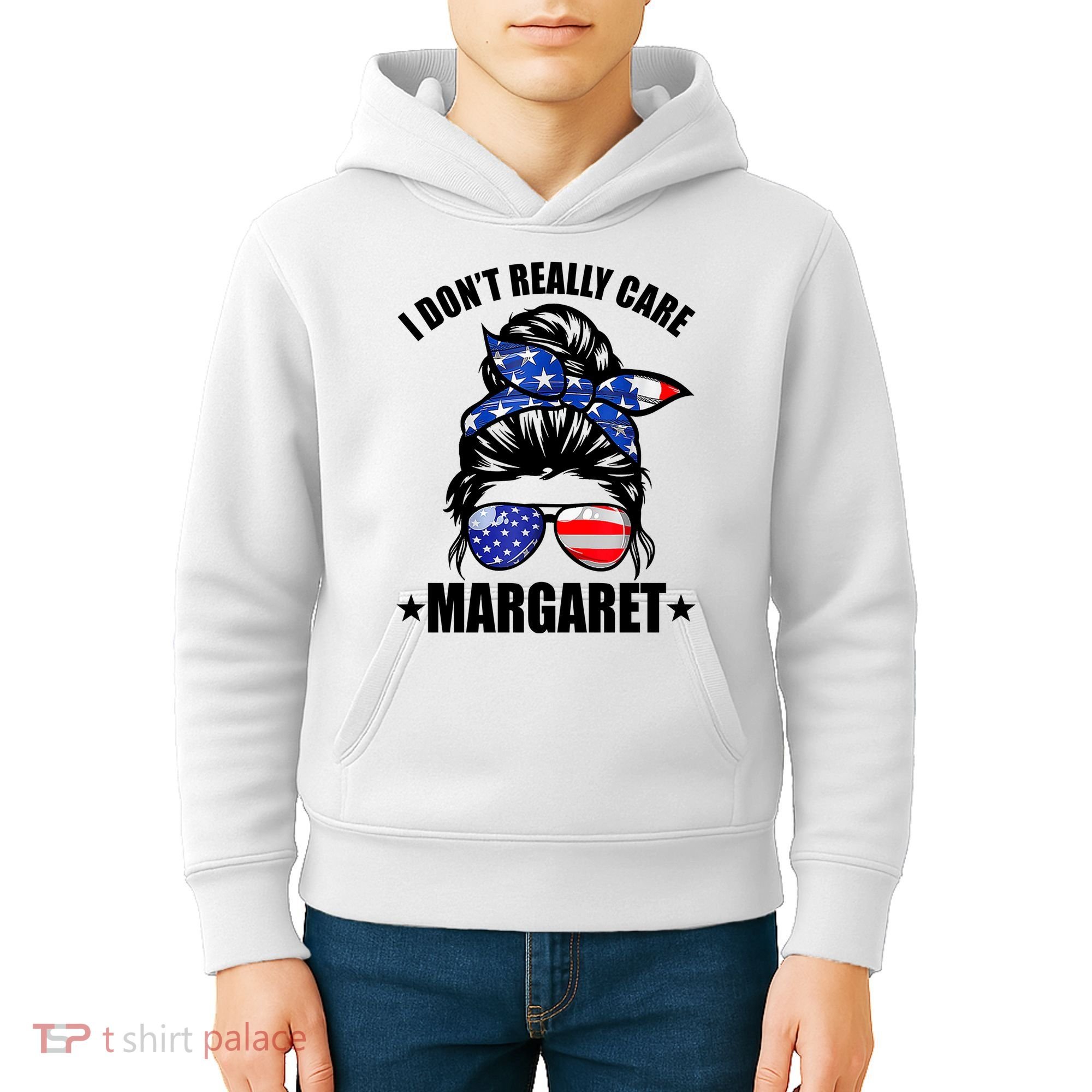 I Dont Really Care Margaret Minimalist Jd Vance Messy Bun White Kids Hoodie