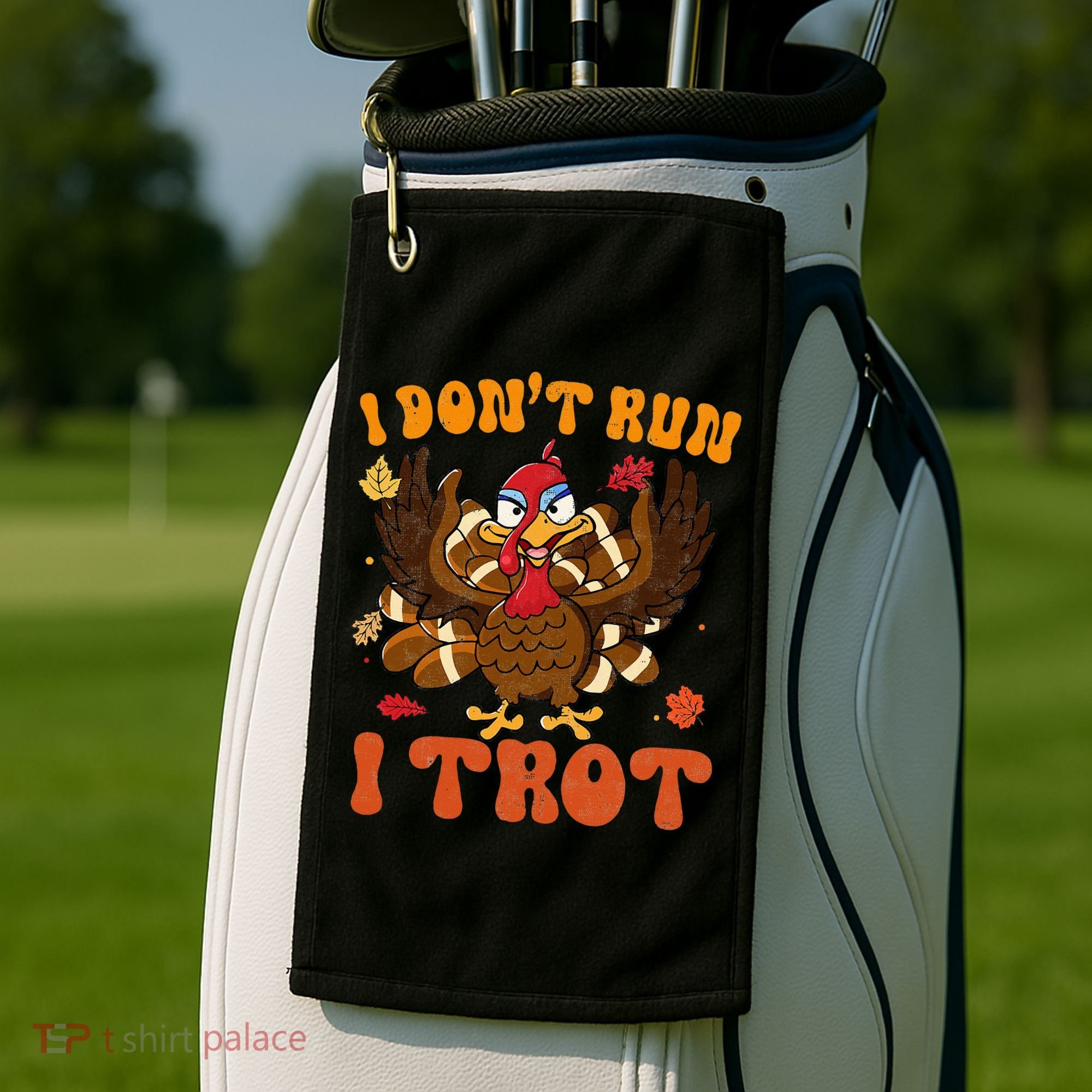 I Dont Run I Trot Turkey Autumn Thanksgiving Groovy Retro Golf Towel