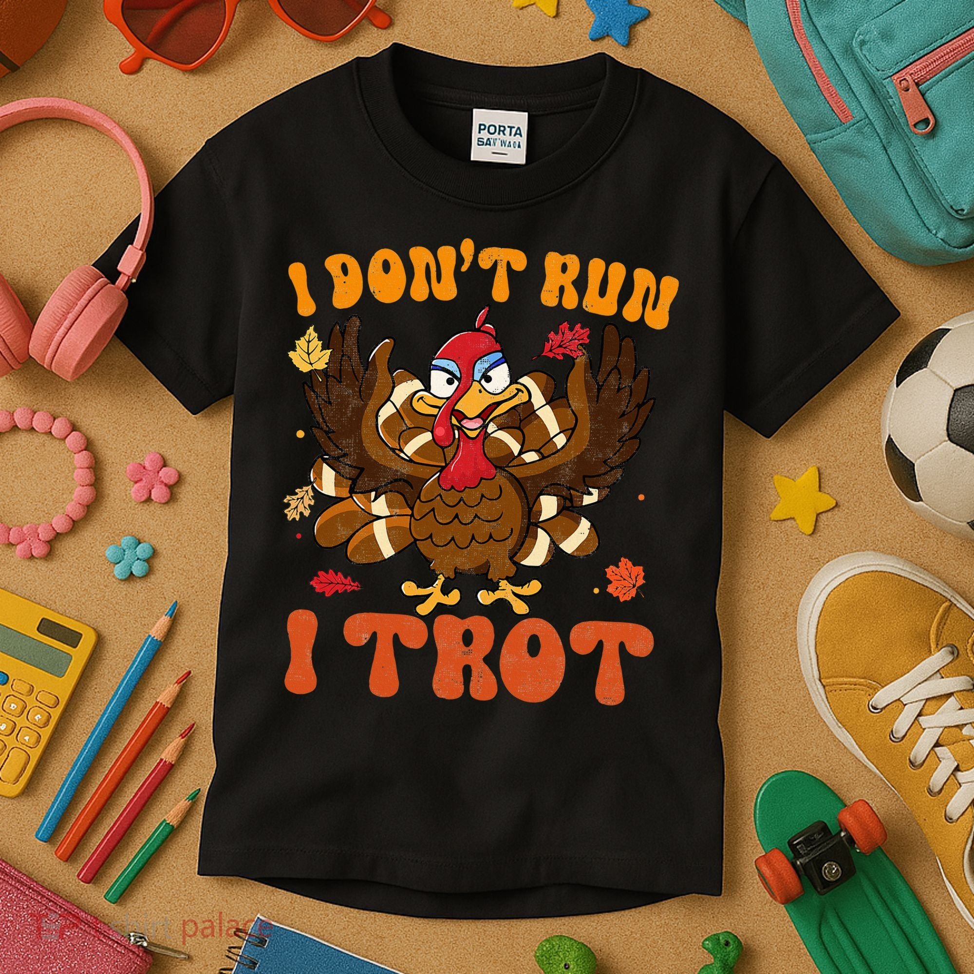 I Dont Run I Trot Turkey Autumn Thanksgiving Groovy Retro Kids T-Shirt