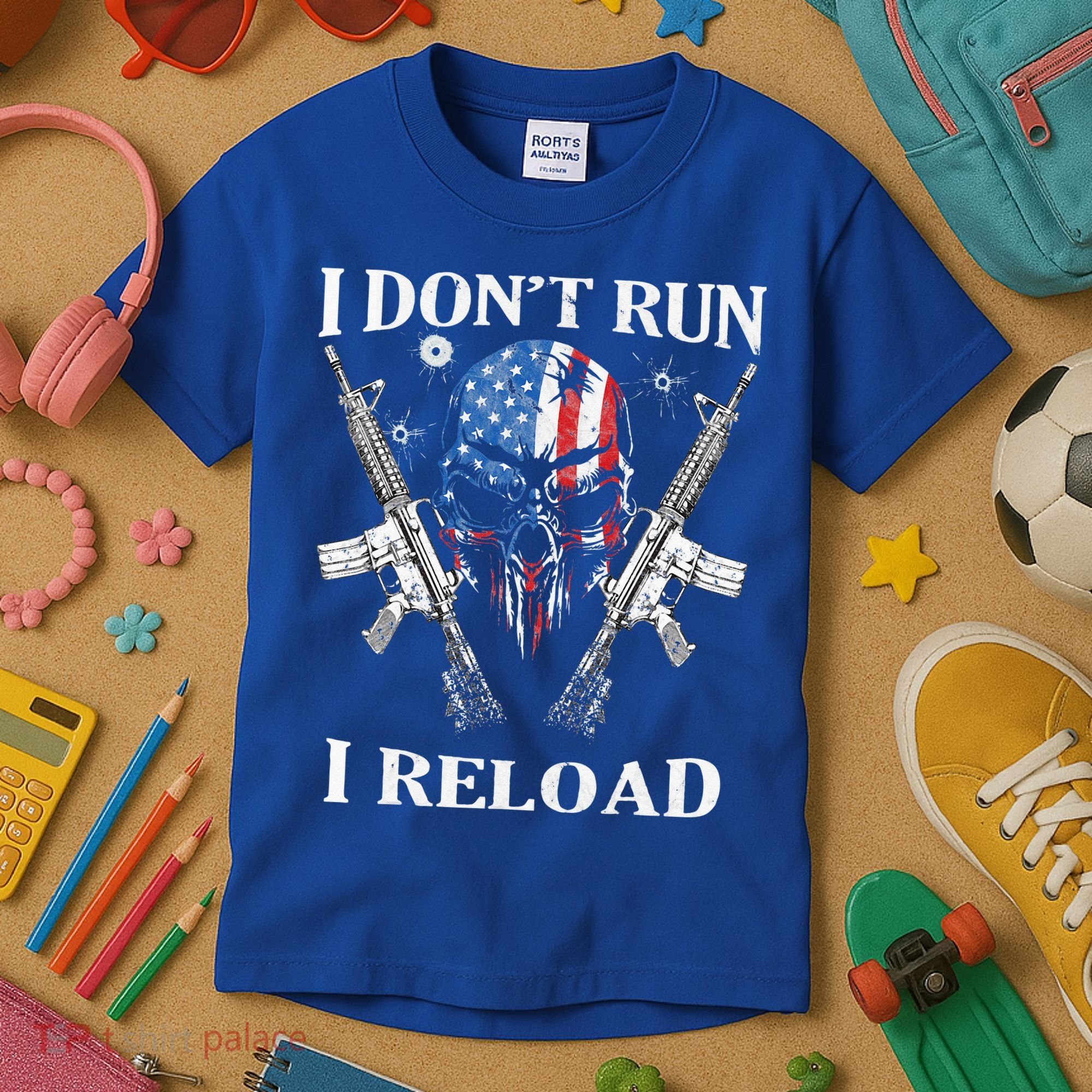 I don't Run I Reload Gun Rights AR 15 Skull American Flag Kids T-Shirt