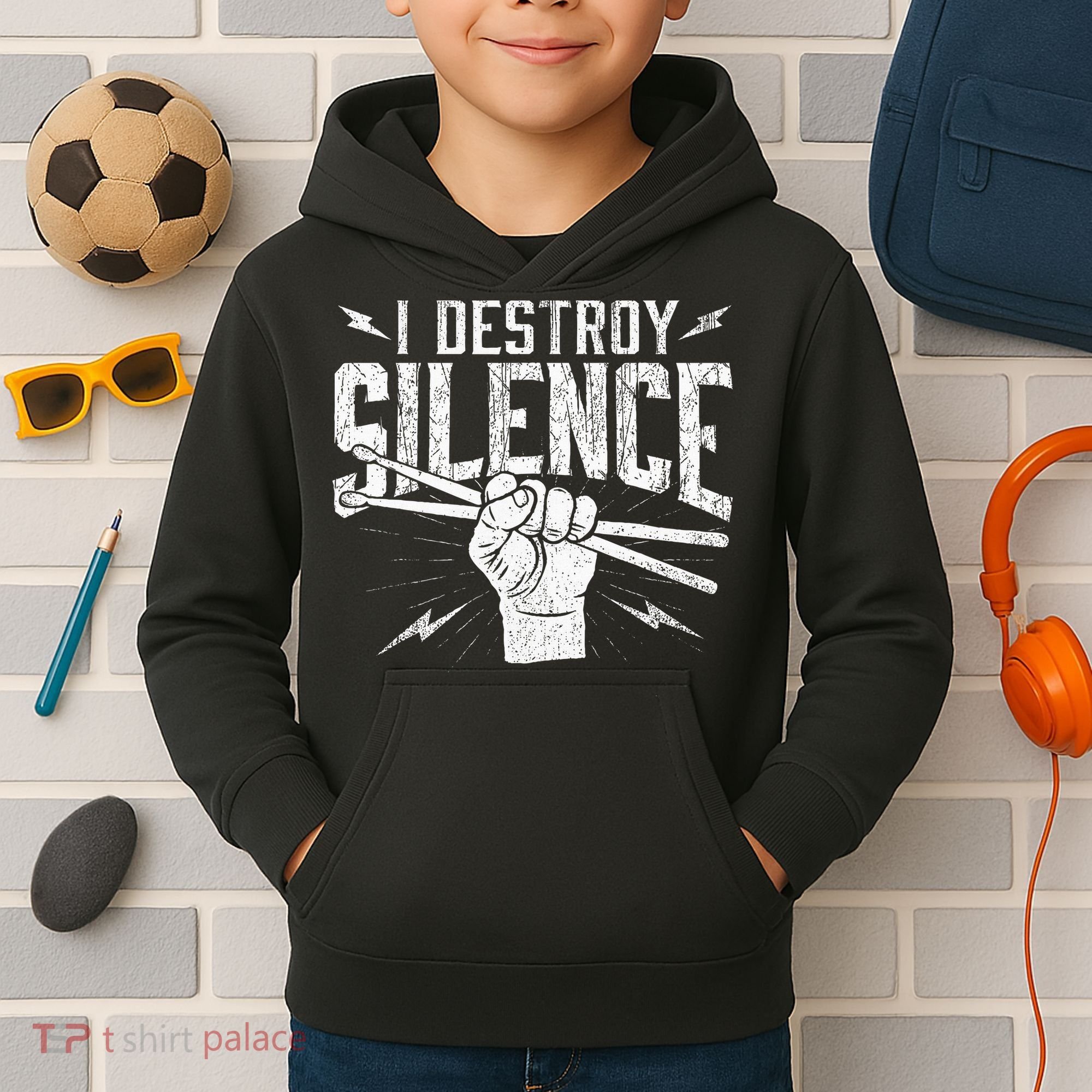 I Destroy Silence Drummer Music Lover Kids Hoodie