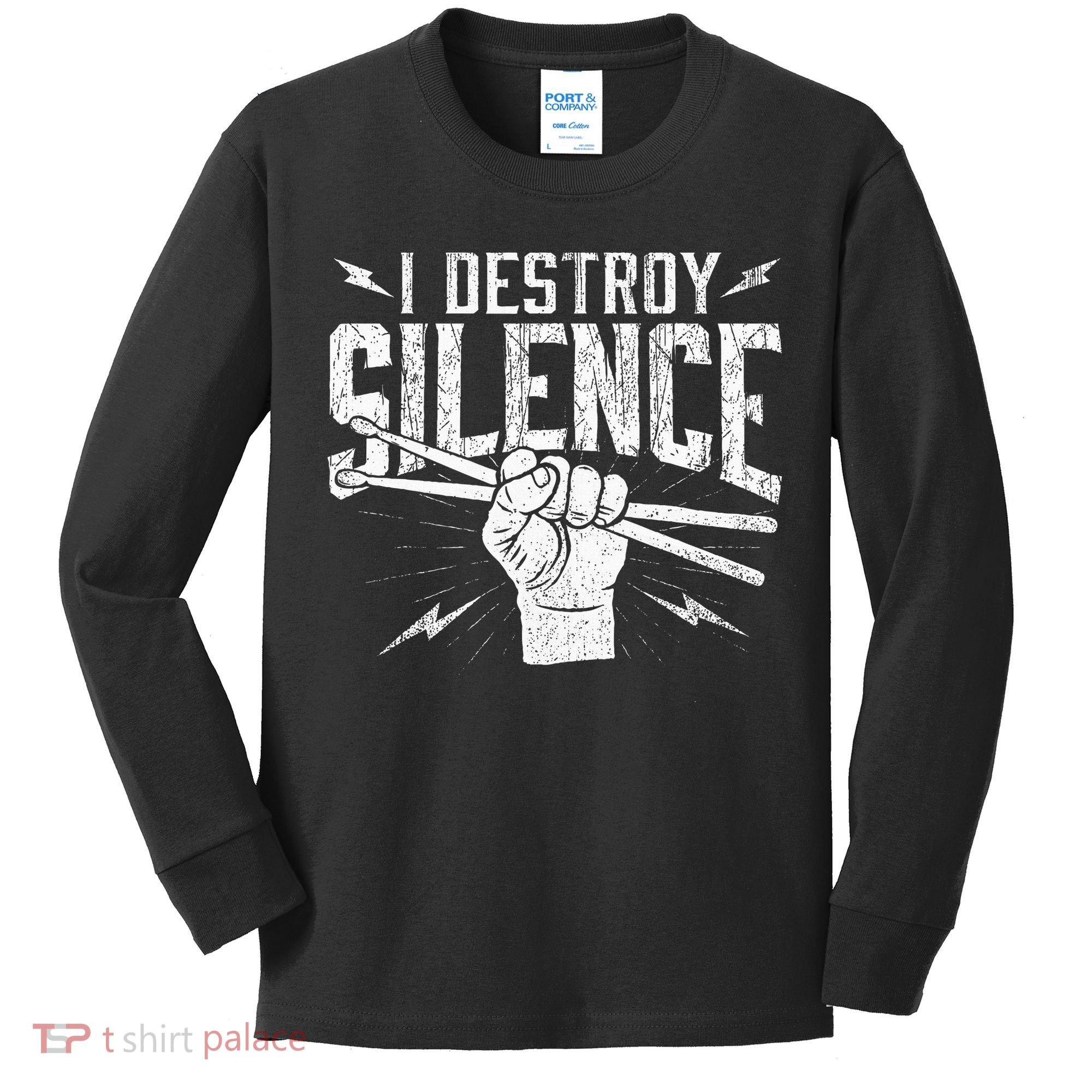 I Destroy Silence Drummer Music Lover Kids Long Sleeve Shirt
