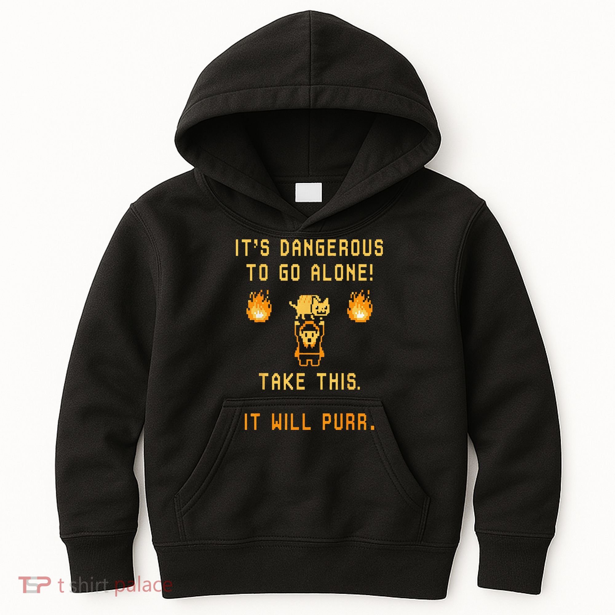 ITS DANGEROUS TO GO ALONE! TAKE THIS. IT WILL PURR. Kids Hoodie