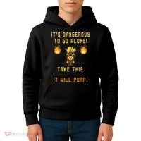 ITS DANGEROUS TO GO ALONE! TAKE THIS. IT WILL PURR. Kids Hoodie thumb 4