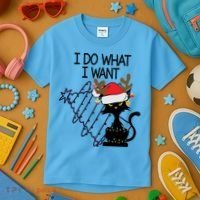 I Do What I Want Christmas Tree Cat Gift Kids T-Shirt thumb 3