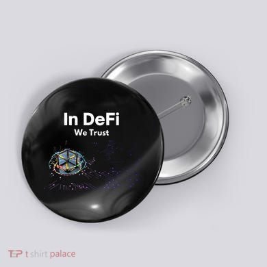 In DeFi We Trust Cryptocurrency Bitcoin Ethereum Blockchain Button