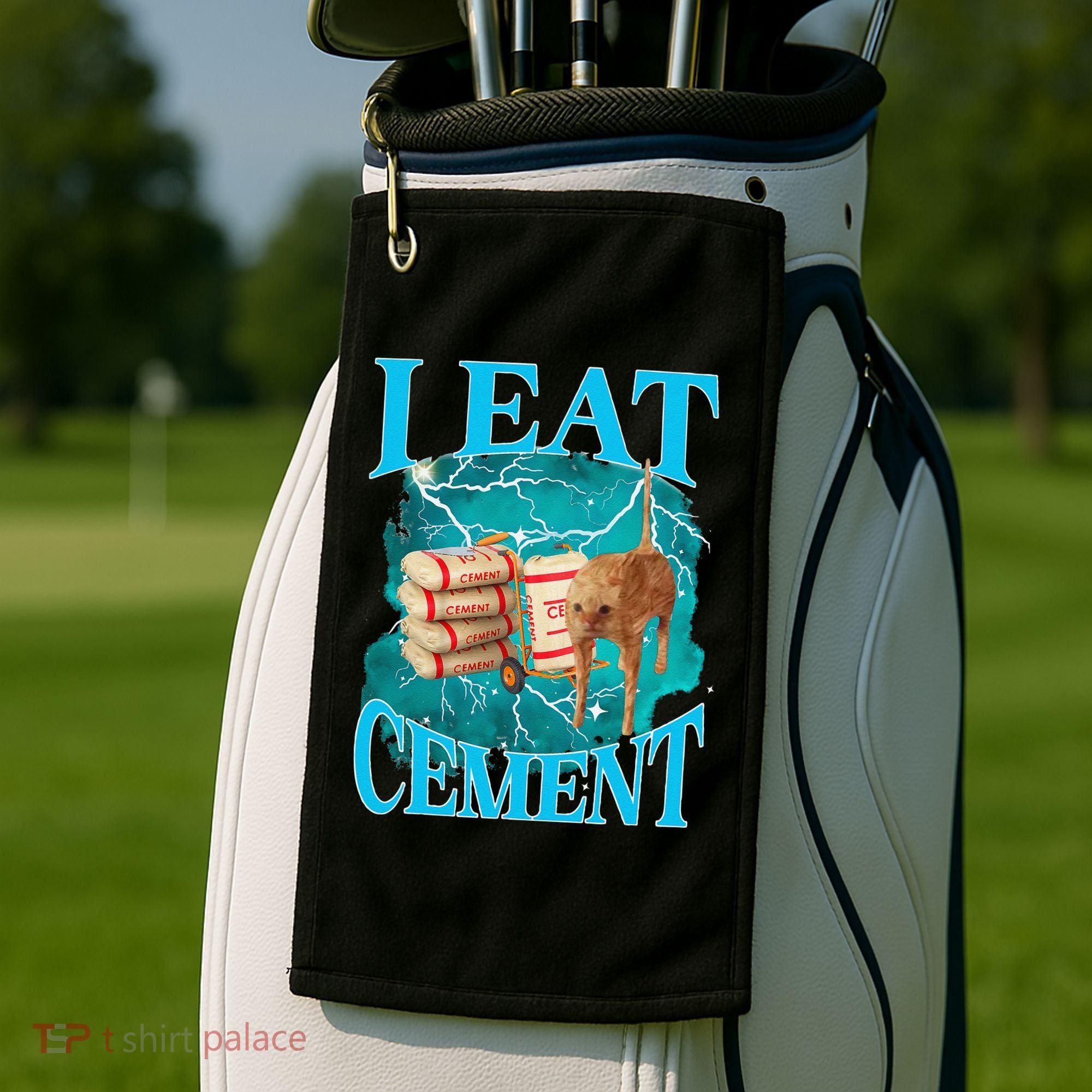 I Eat Cement Cursed Cat Funny Oddly Specific Dank Meme Golf Towel