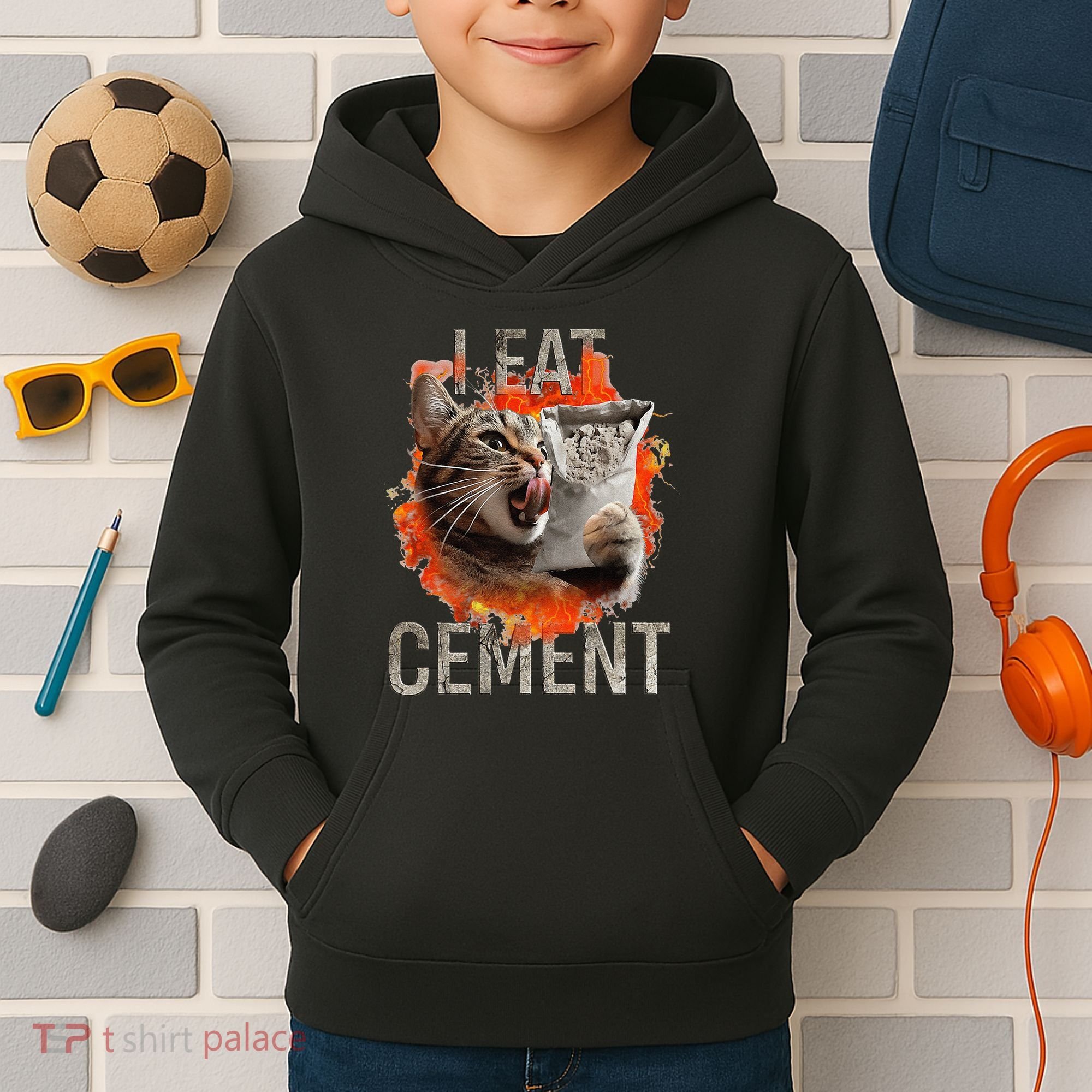 I Eat Cement Cursed Cat Funny Oddly Specific Dank Meme Kids Hoodie