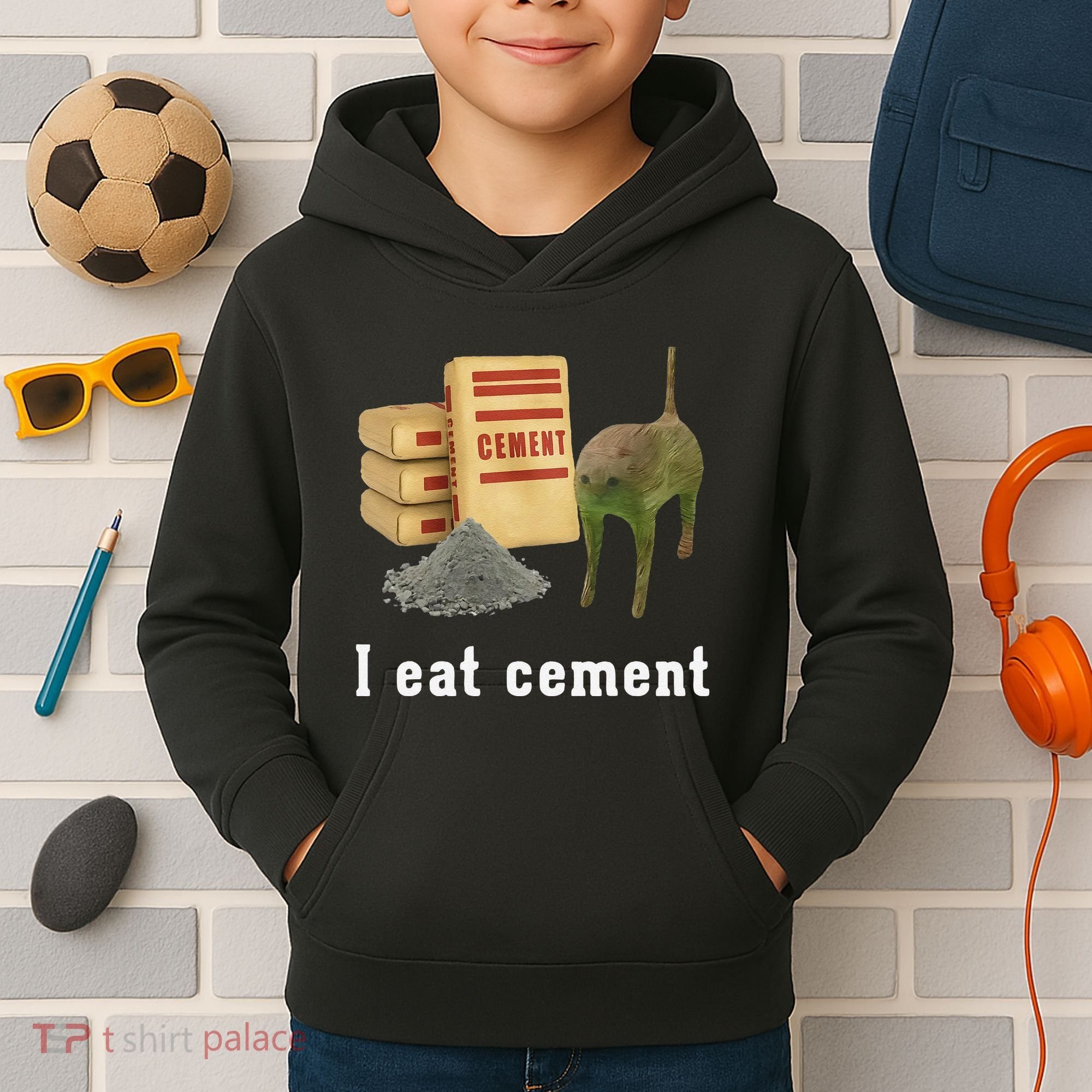 I Eat Cement Cursed Cat Funny Oddly Specific Dank Meme Kids Hoodie