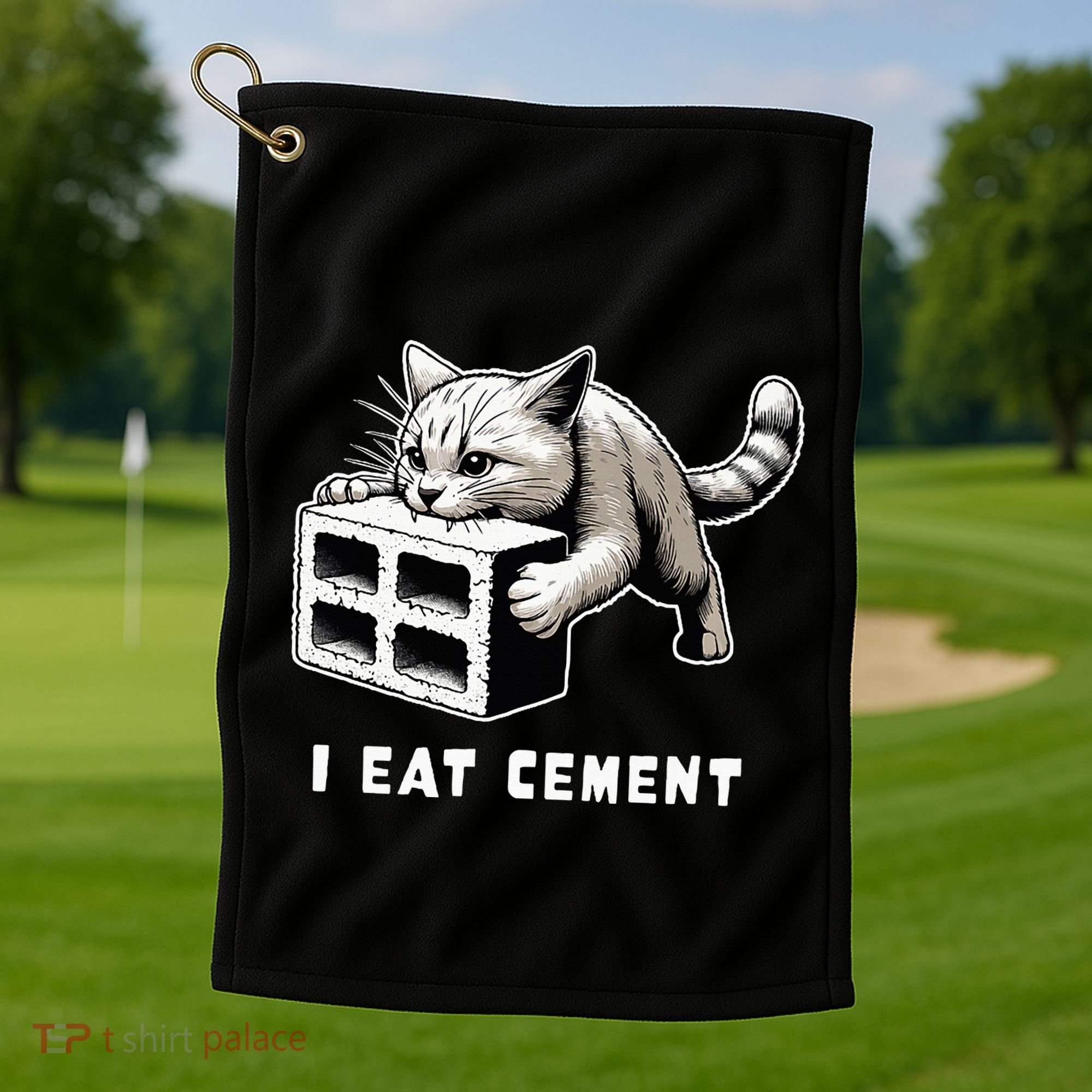 I Eat Cement Cursed Cat Funny Weird Meme Golf Towel