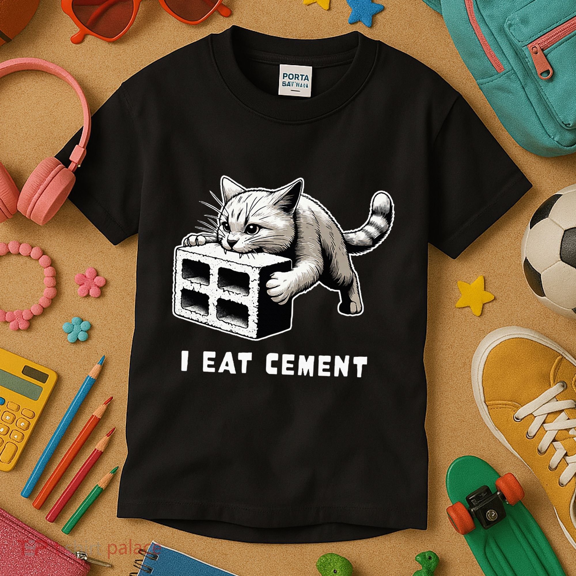 I Eat Cement Cursed Cat Funny Weird Meme Kids T-Shirt