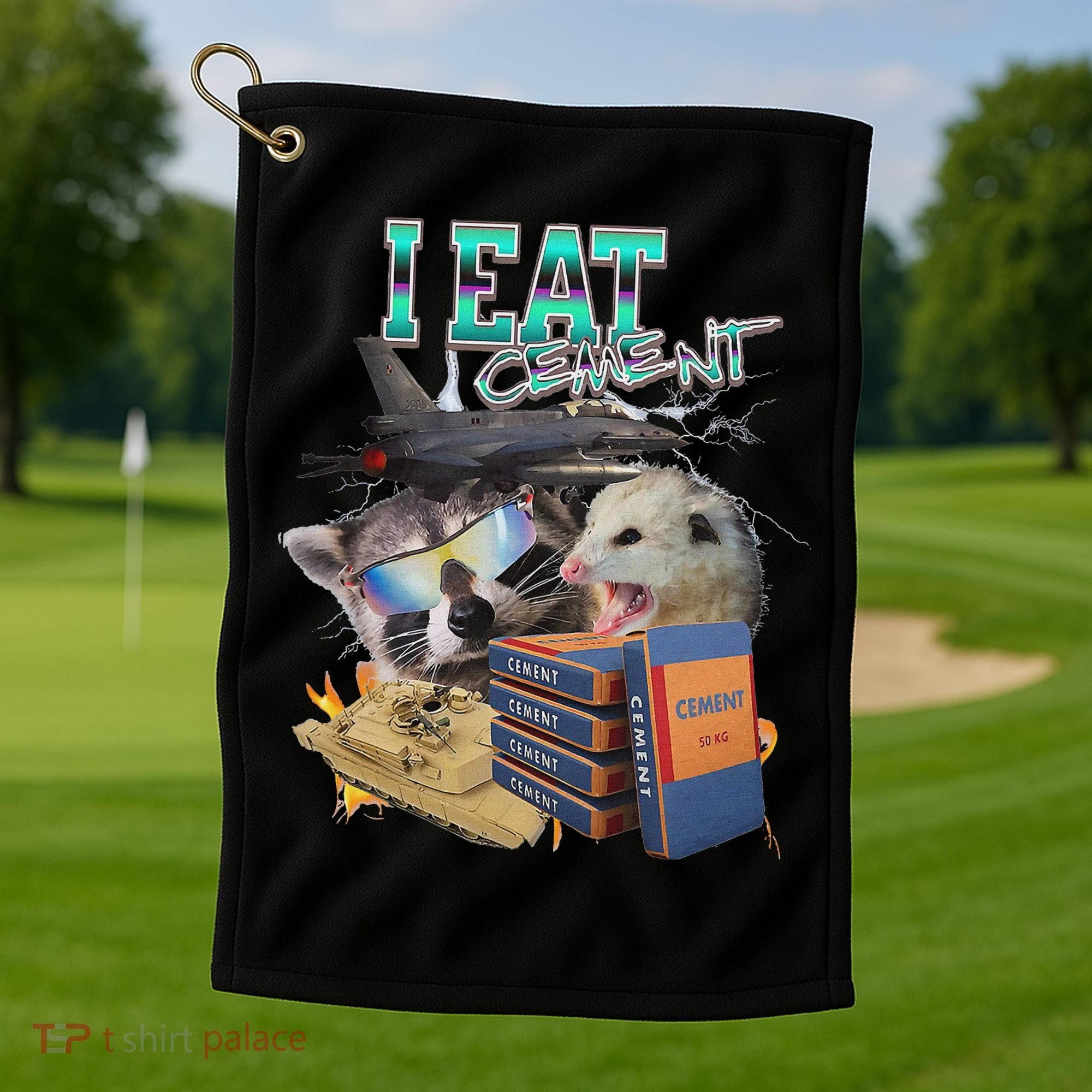 I Eat Cement Cursed Raccoon Possum Funny Meme Golf Towel
