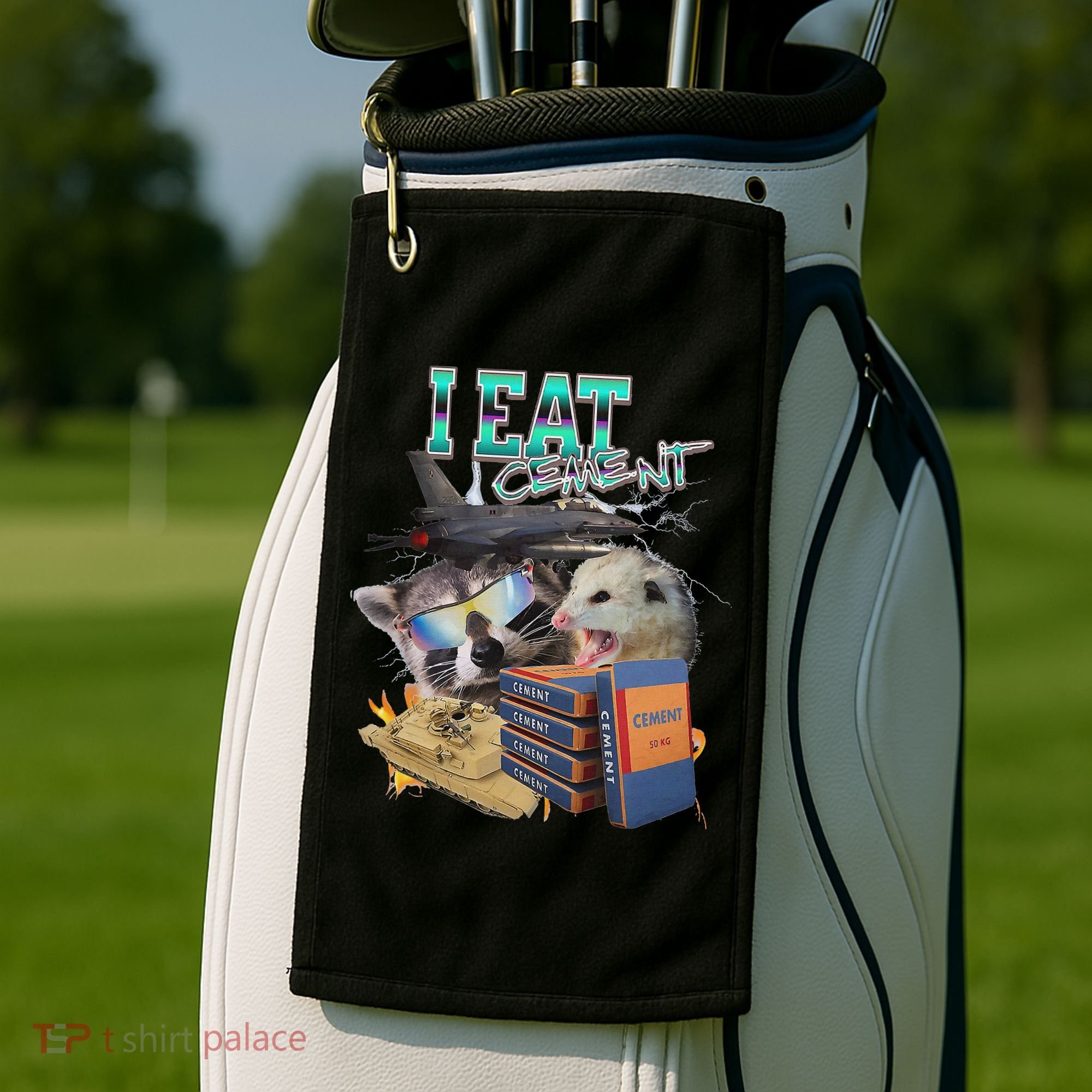 I Eat Cement Cursed Raccoon Possum Funny Meme Golf Towel