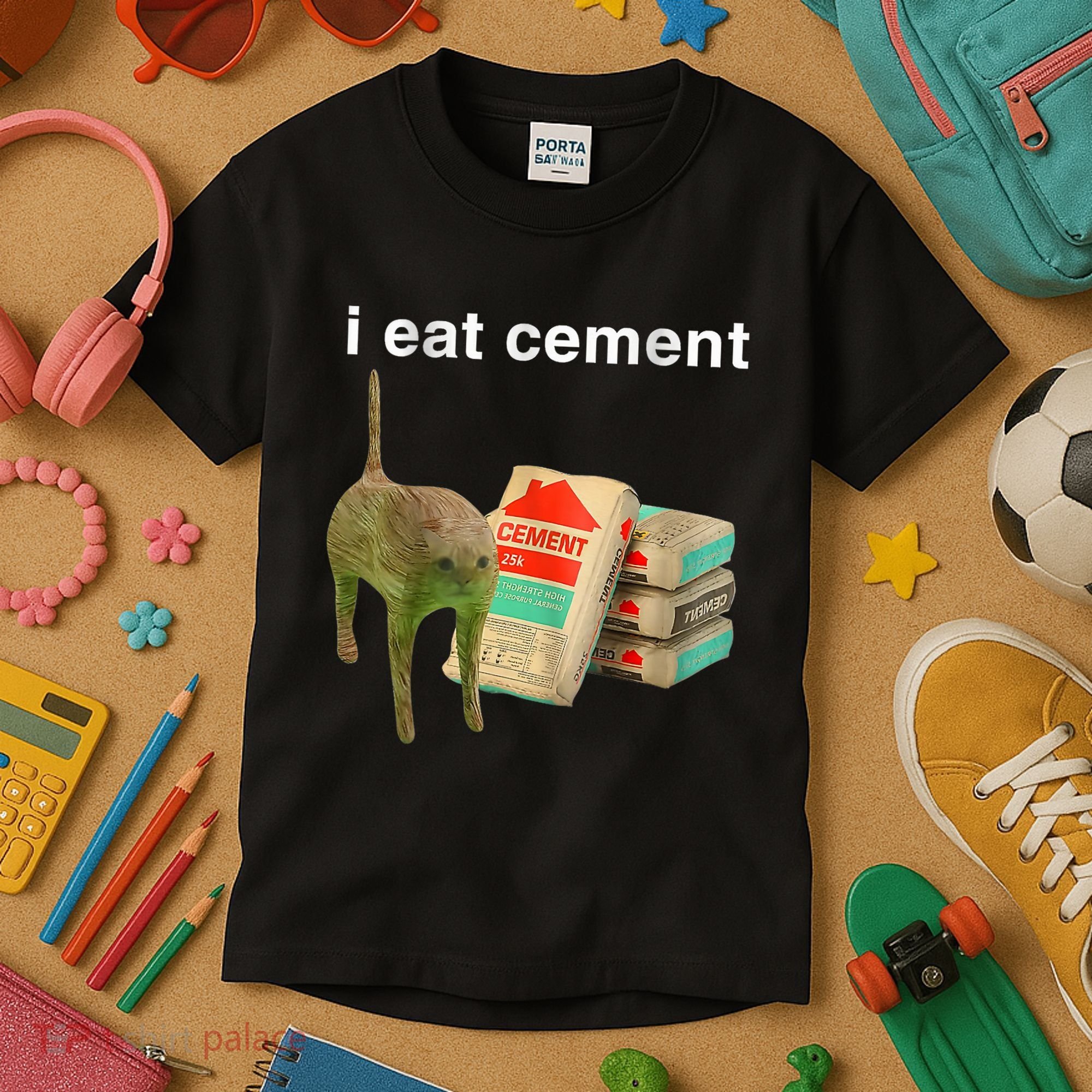 I Eat Cement Cursed Cat Funny Oddly Specific Dank Meme Kids T-Shirt