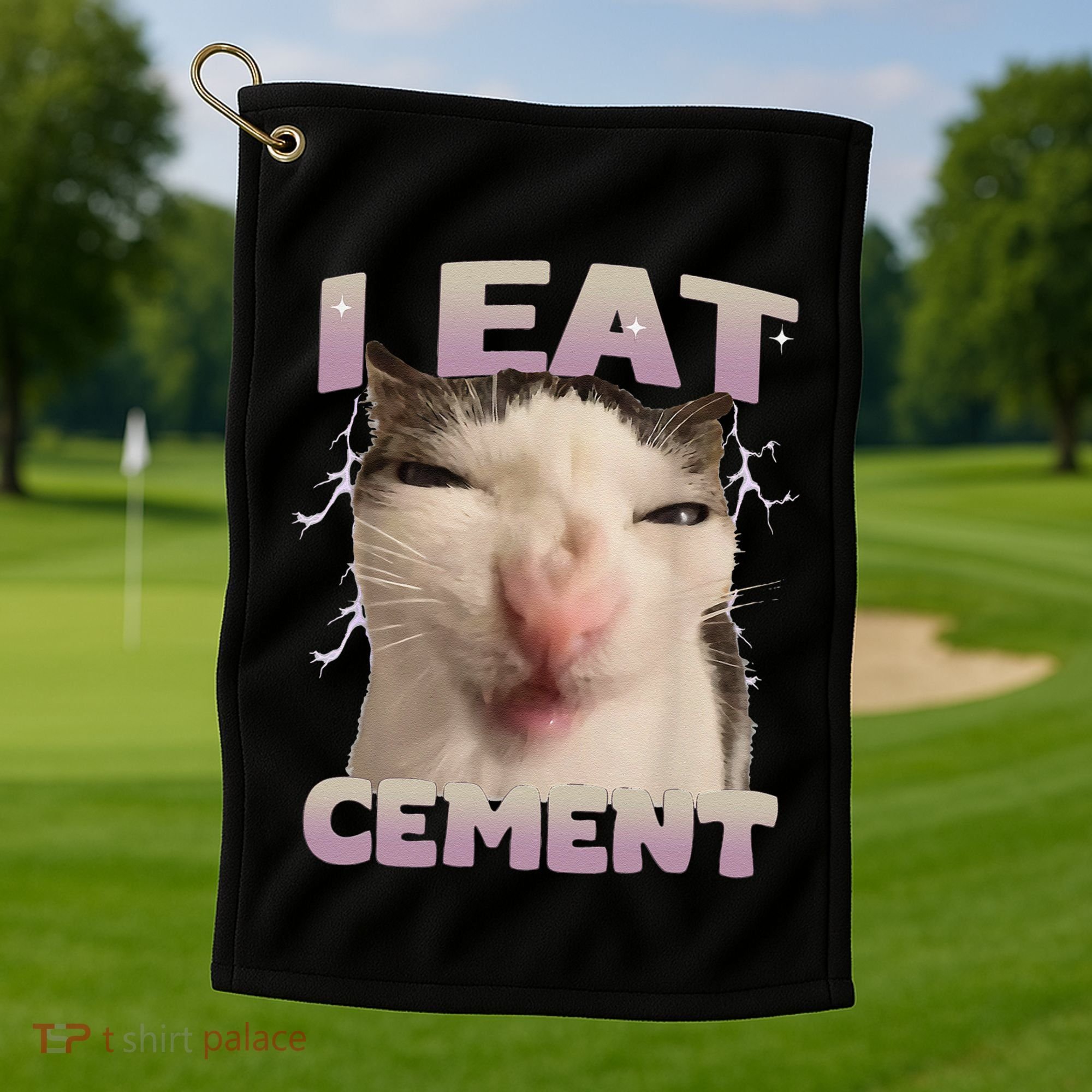 I Eat Cement Cursed Cat Funny Oddly Specific Dank Meme Golf Towel