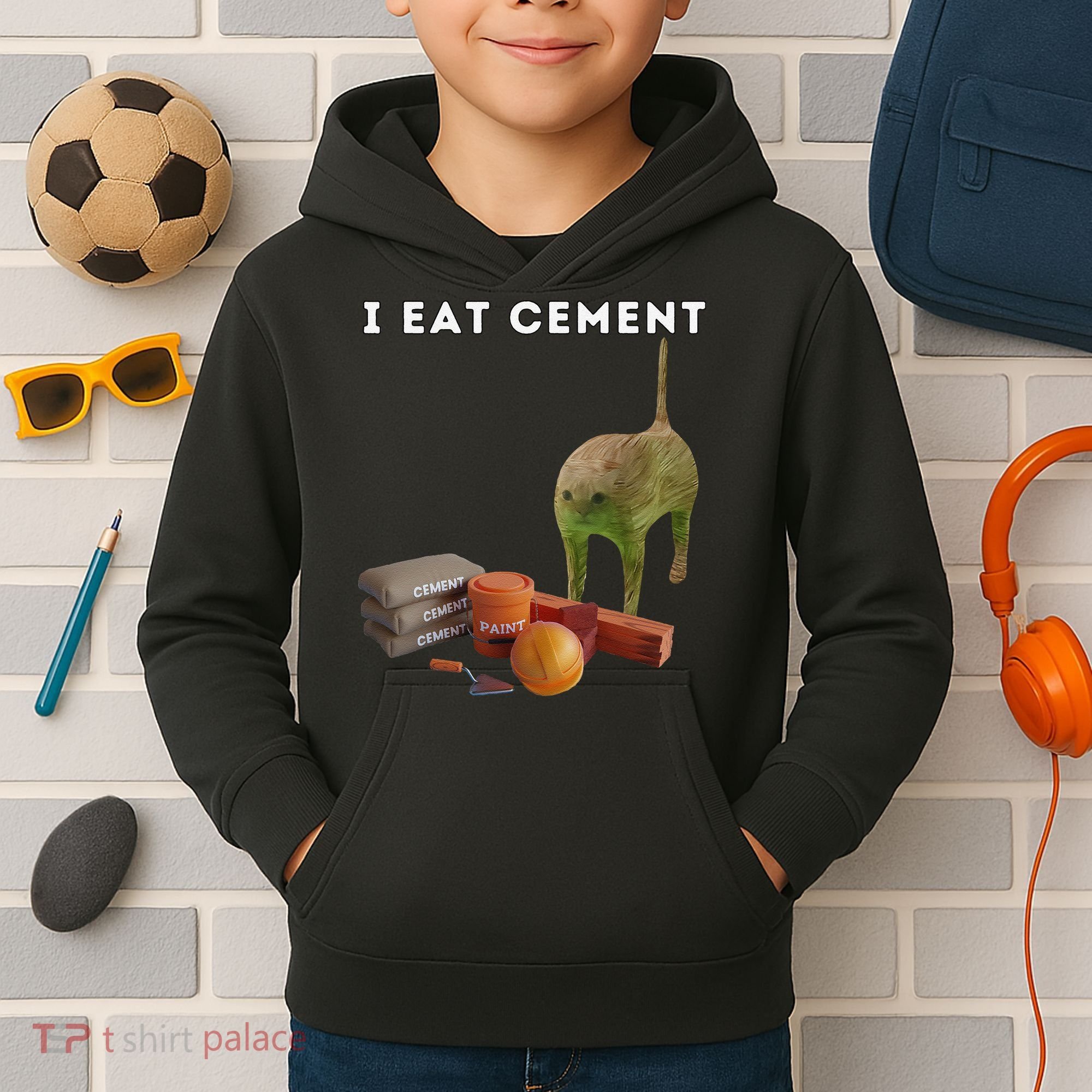 I Eat Cement Funny Cat Cursed Oddly Specific Dank Meme Kids Hoodie