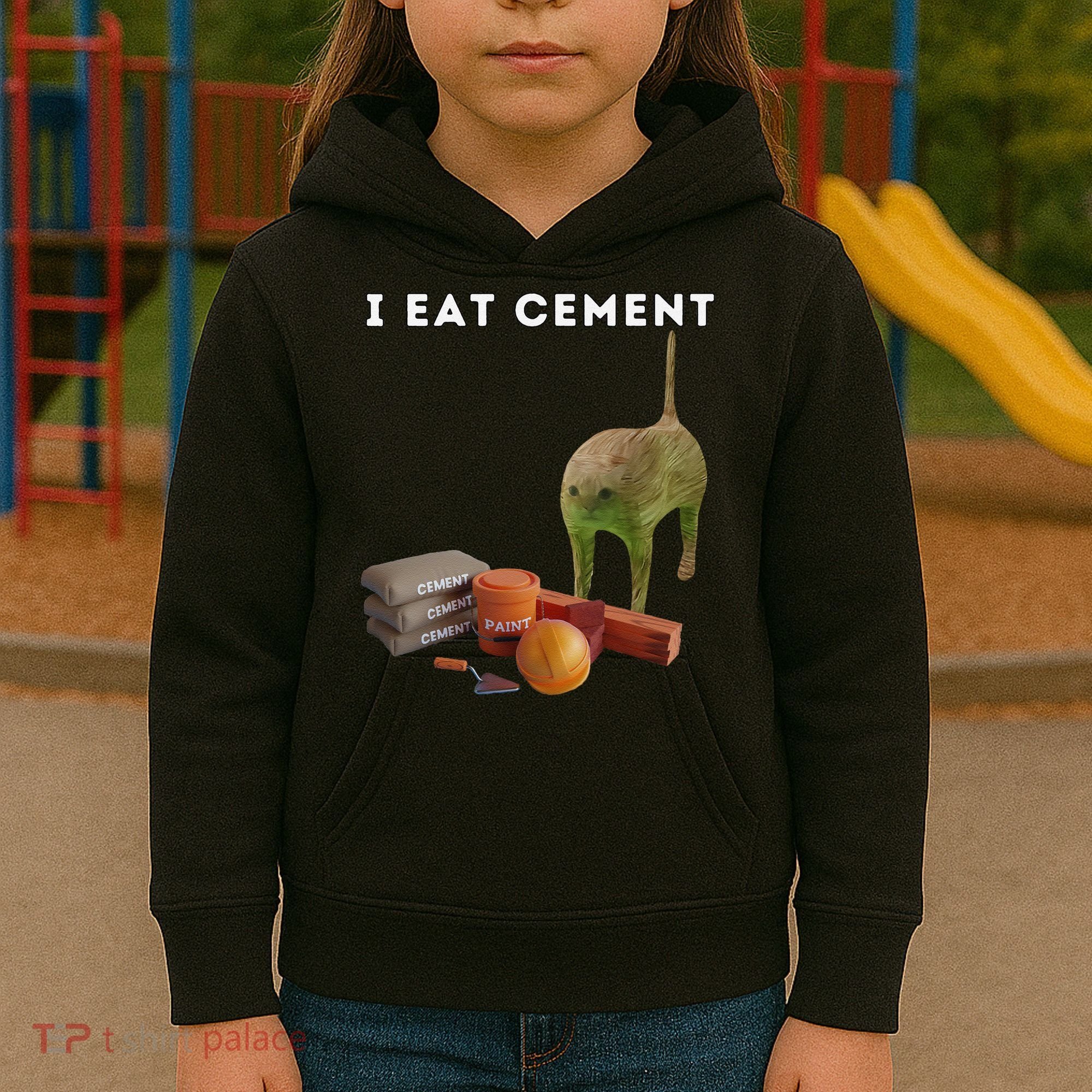 I Eat Cement Funny Cat Cursed Oddly Specific Dank Meme Kids Hoodie