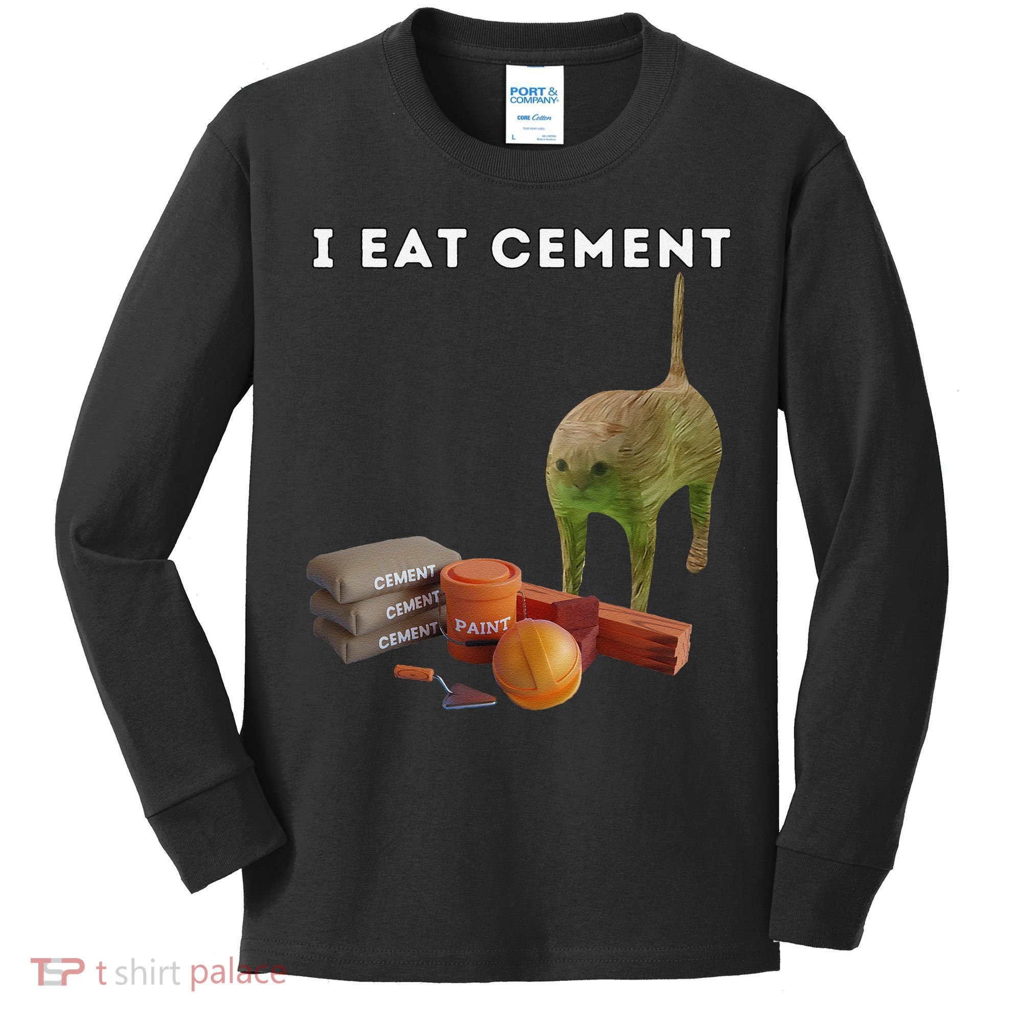 I Eat Cement Funny Cat Cursed Oddly Specific Dank Meme Kids Long Sleeve Shirt