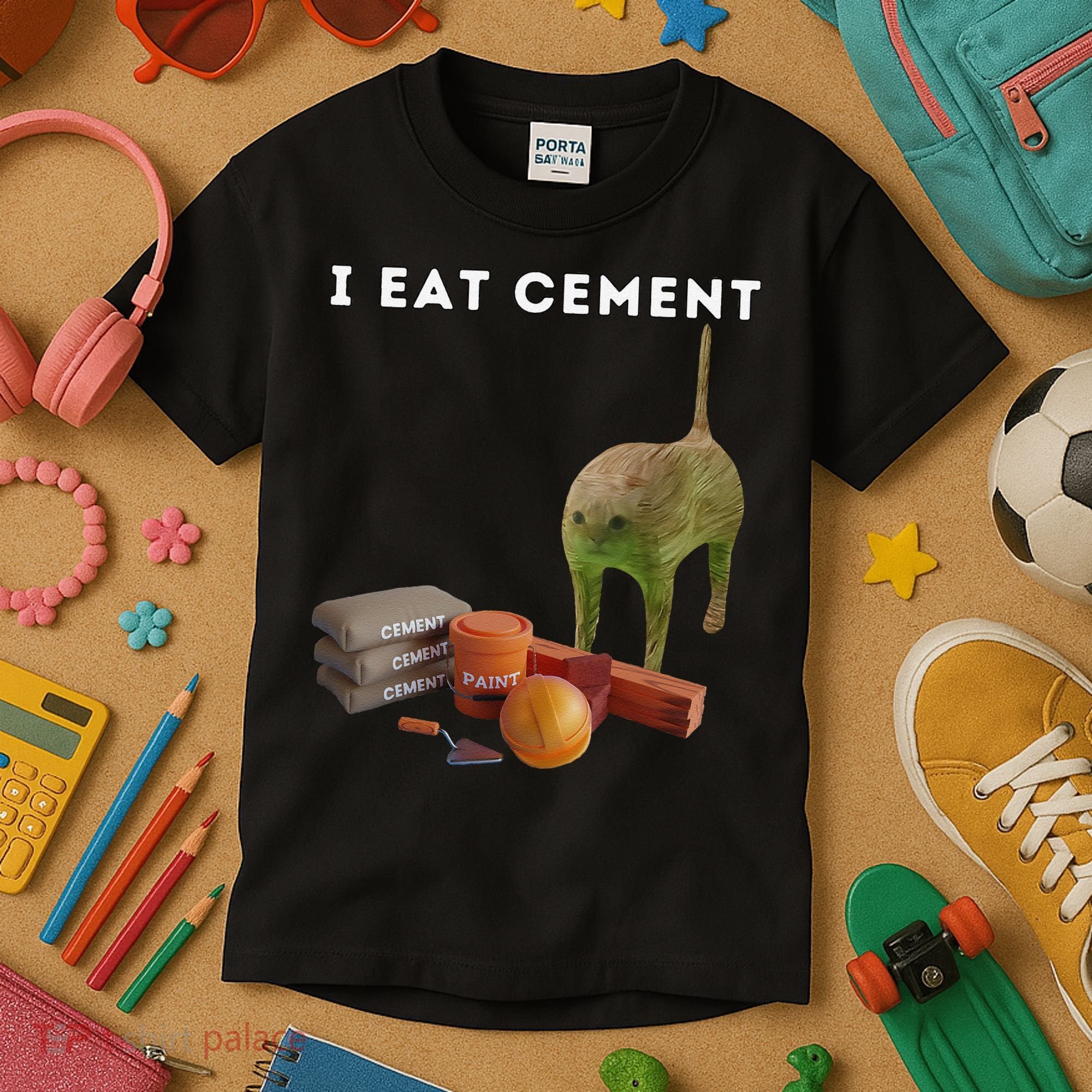 I Eat Cement Funny Cat Cursed Oddly Specific Dank Meme Kids T-Shirt